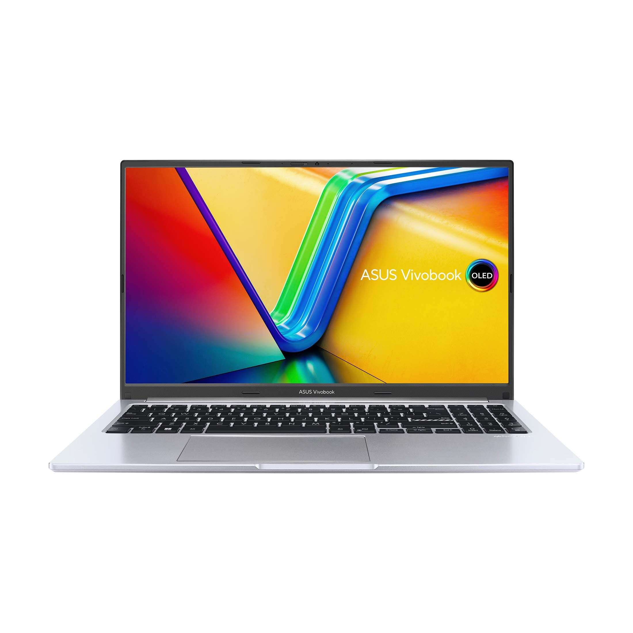 Ein silbernes Asus Vivobook-Laptop ist geöffnet. Der Bildschirm zeigt ein farbenfrohes abstraktes Bild. Die Tastatur ist schwarz.