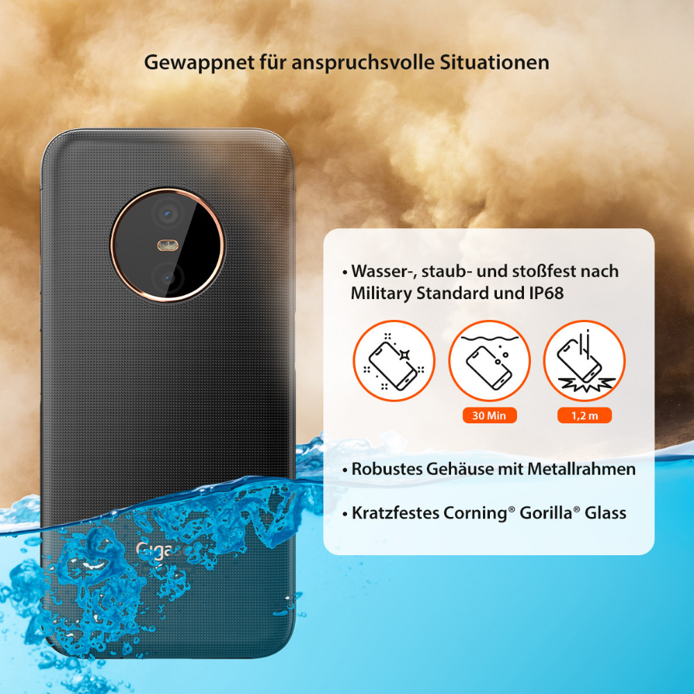 Ciemny telefon z aparatem jest częściowo zanurzony w wodzie, z ikonami wskazującymi odporność na wodę, kurz i wstrząsy.