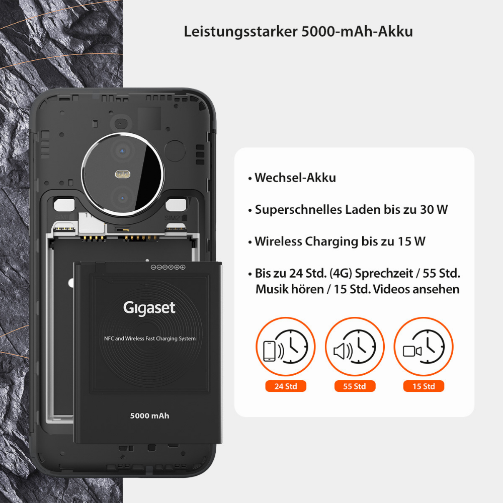 Otwarty tył telefonu pokazuje baterię Gigaset, 5000 mAh. Tekst szczegółowo opisuje szybkie ładowanie i żywotność: 24h rozmów, 55h muzyki, 15h wideo.