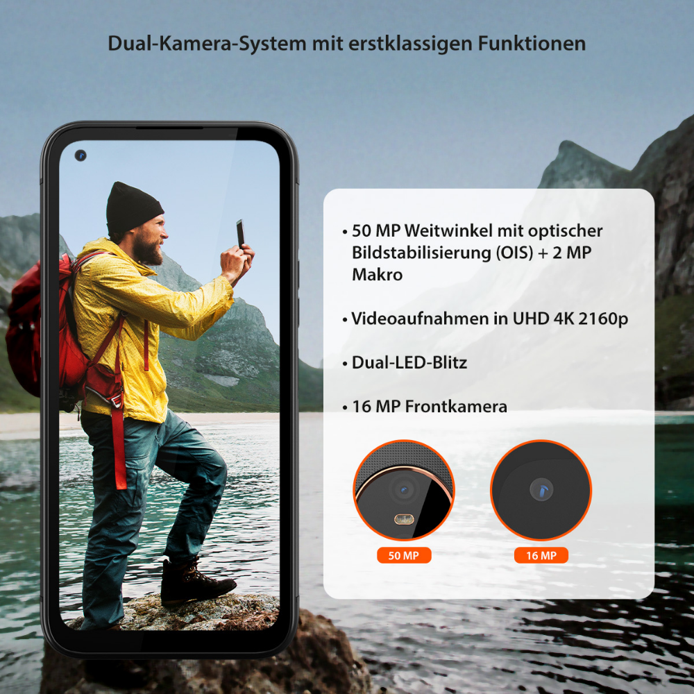 Mężczyzna w żółtej kurtce robi zdjęcie smartfonem. Ekran telefonu pokazuje scenę. Cechy: 50MP, aparat 16MP.