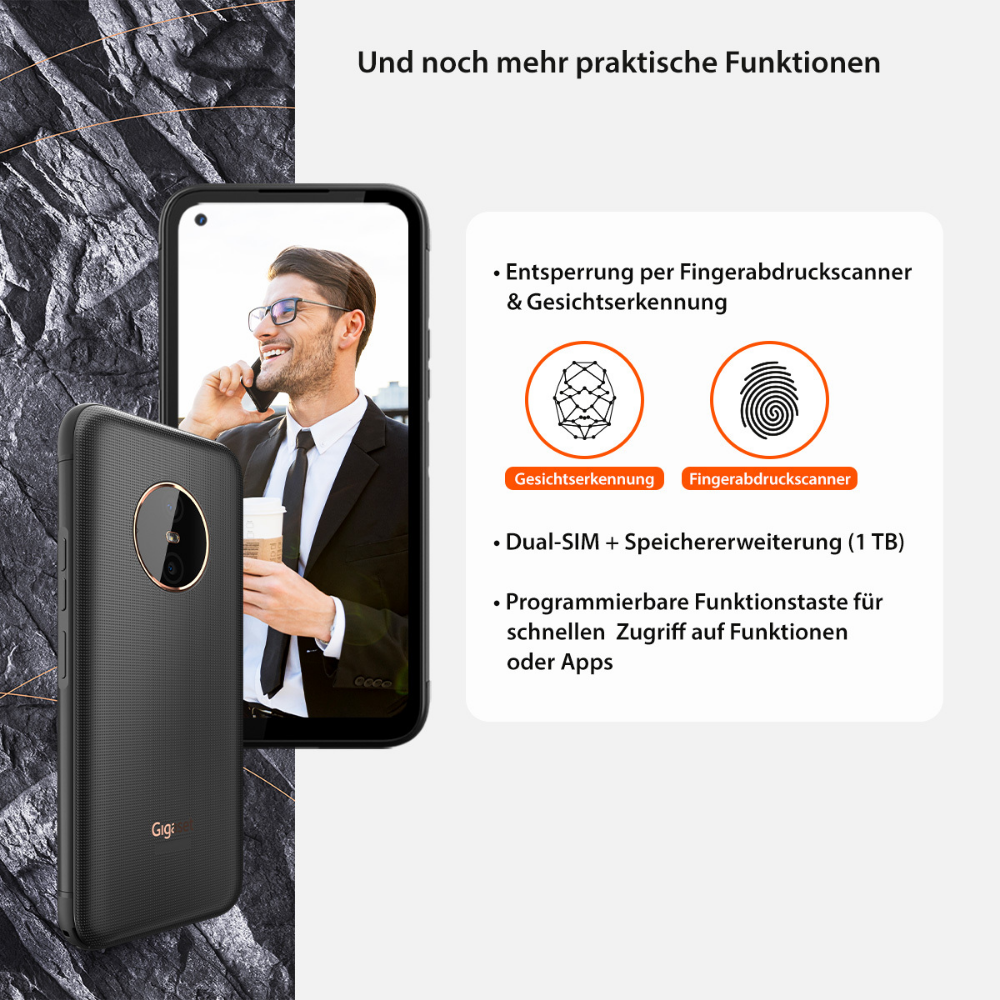 Smartfon z mężczyzną w garniturze na ekranie i infografikami o odciskach palców i rozpoznawaniu twarzy.