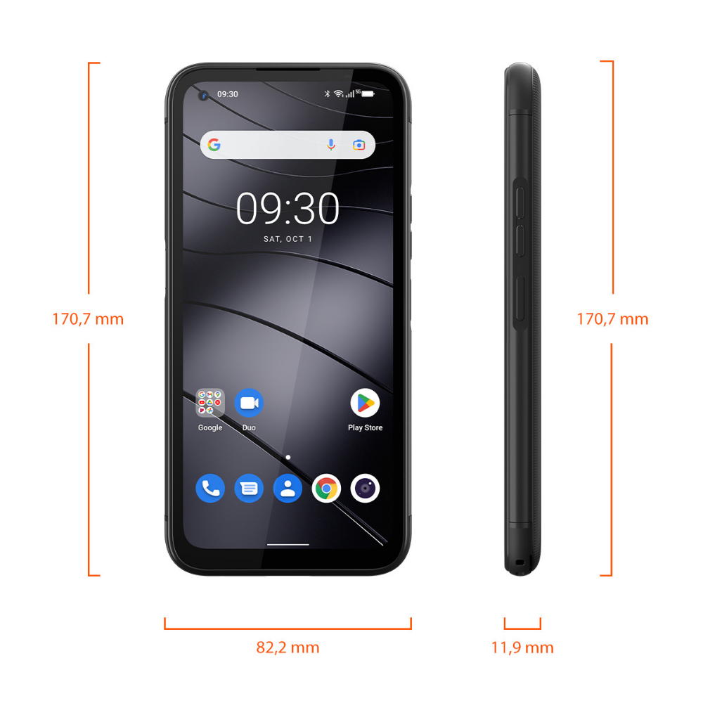 Czarny smartfon, wyświetlający godzinę 09:30, z ikonami Google, Duo i Play Store. Wymiary: 170,7 mm x 82,2 mm x 11,9 mm.