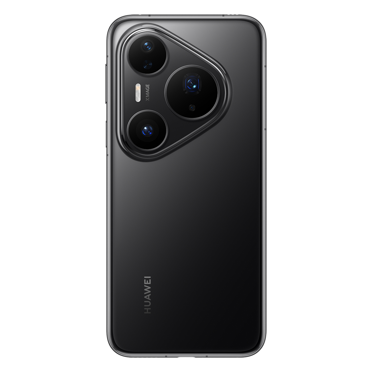 Schwarze Smartphone-Rückseite mit drei Kameralinsen und Huawei-Logo. Das Telefon hat ein schlankes Design mit einer reflektierenden Oberfläche.