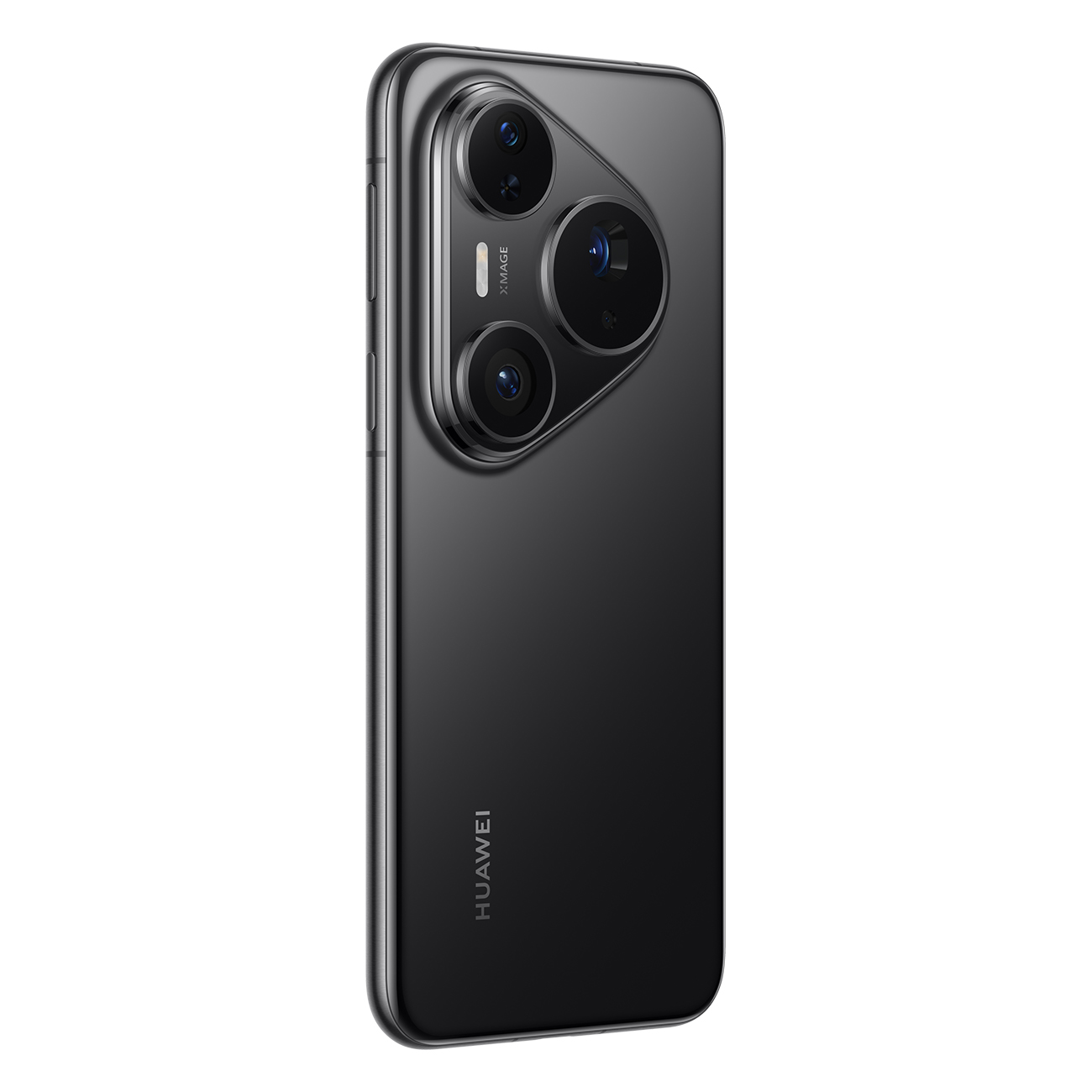 Schwarzes Huawei-Smartphone, schräge Ansicht. Verfügt über drei Rückkameras. Das Telefon befindet sich vor weißem Hintergrund.