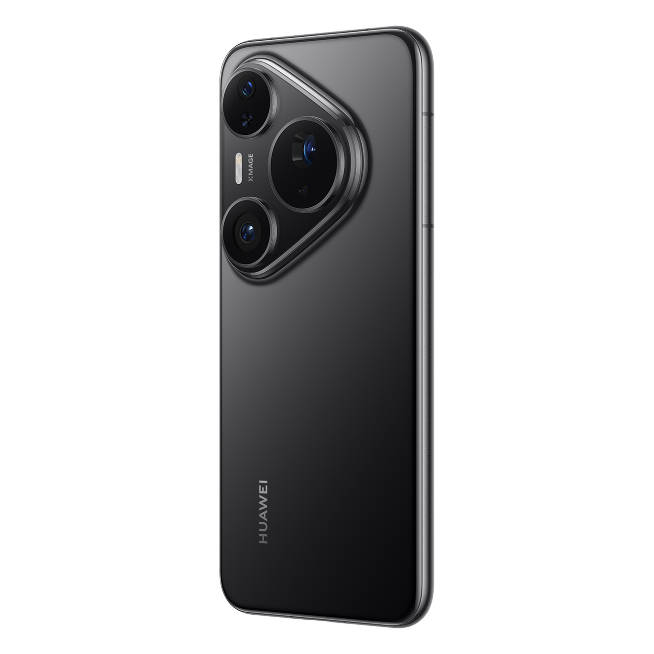 Ein schwarzes Huawei-Smartphone mit drei Kameras. Das Telefon ist angewinkelt und zeigt die Rückseite mit dem Huawei-Logo.