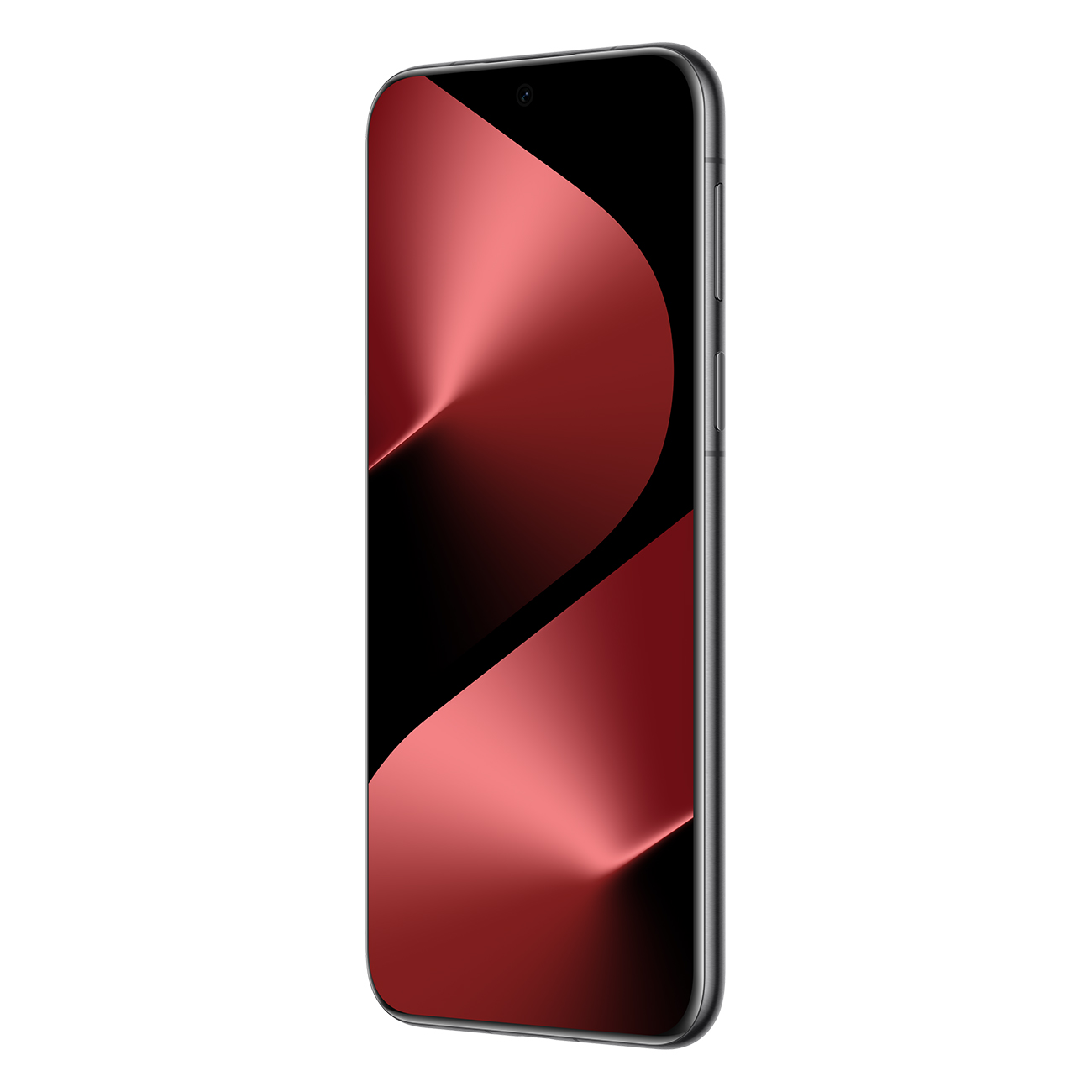 Ein Smartphone mit schwarzem Bildschirm, der ein rotes Farbverlaufsdesign zeigt. Das Telefon hat einen silbernen Rahmen und steht auf weißem Hintergrund.