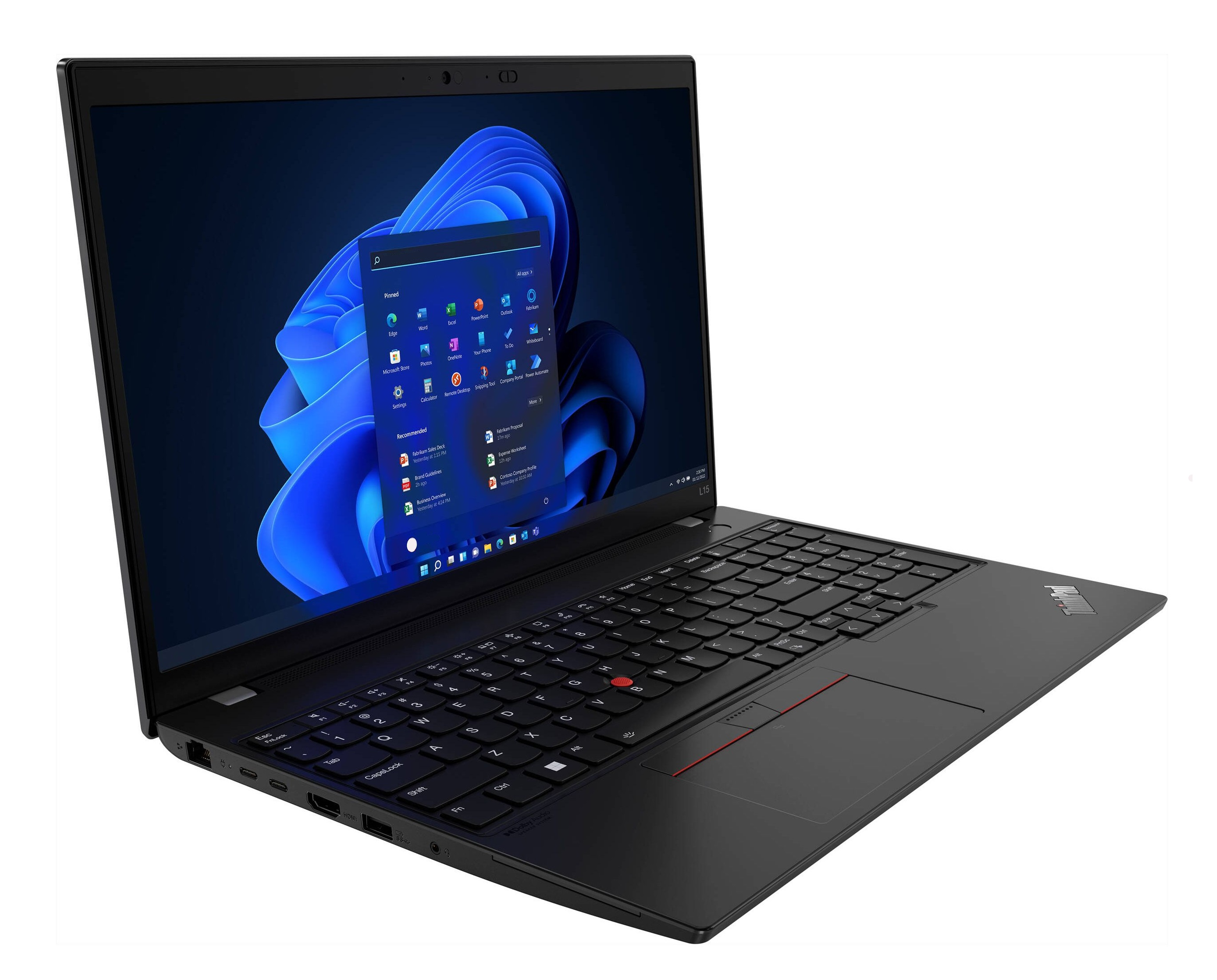 Schwarzer Laptop geöffnet, zeigt Windows 11. Tastatur sichtbar, roter Trackpoint. Weißer Hintergrund.