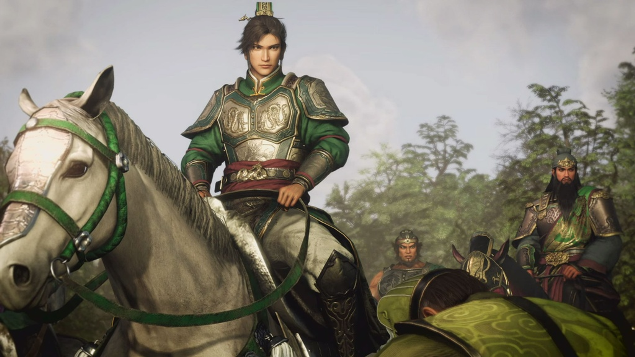 Un hombre con armadura verde monta un caballo blanco, rodeado de soldados. El escenario es al aire libre con árboles al fondo.