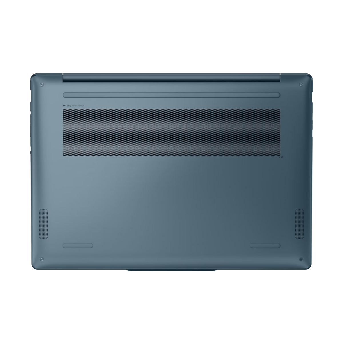 Widok od spodu tealowego laptopa. Ma perforowany obszar, otwory wentylacyjne i logo Dolby Vision.