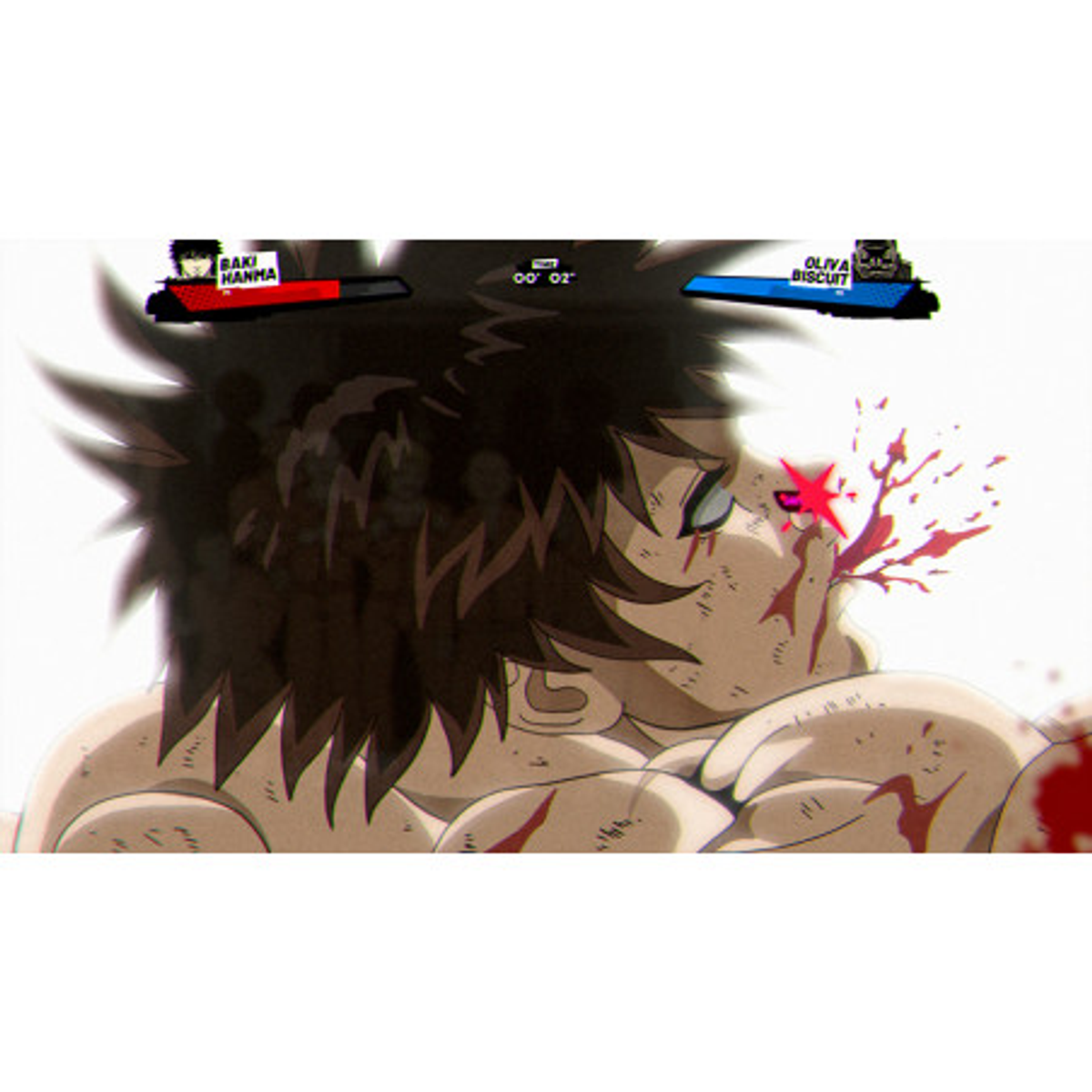 Scena walki z anime. Baki Hanma jest ranny, z rozpryskami krwi. Oliva Biscuit jest przeciwnikiem. Widoczny timer walki.