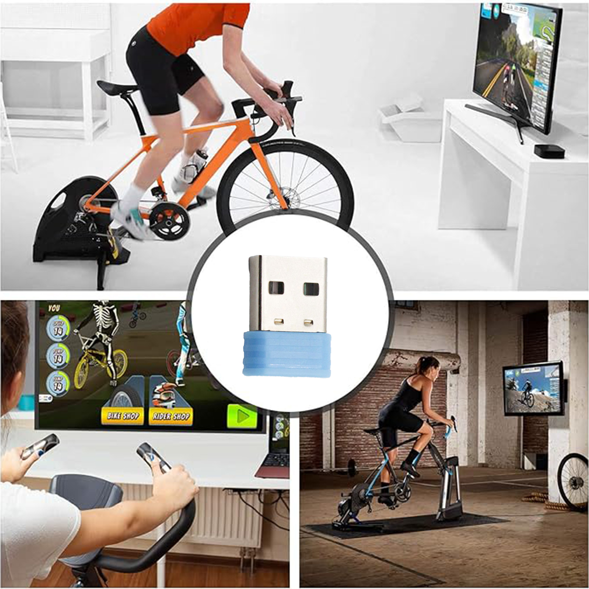Person radelt drinnen, verbunden mit einem Bildschirm, der eine Radsimulation zeigt. Ein USB-Adapter befindet sich in der Mitte.