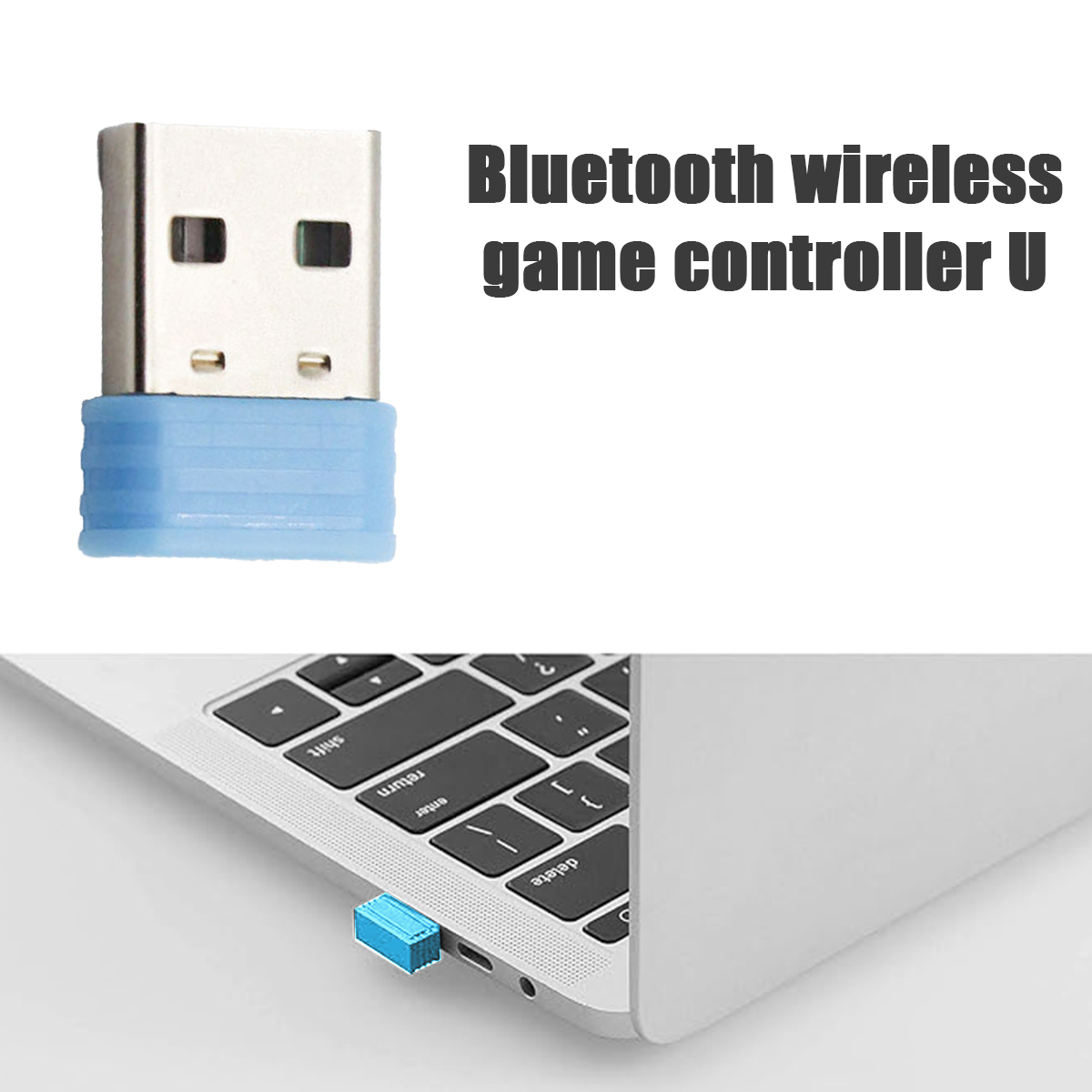 Ein blauer USB-Dongle ist an einen Laptop angeschlossen. Der Dongle ist für einen drahtlosen Bluetooth-Spielcontroller.