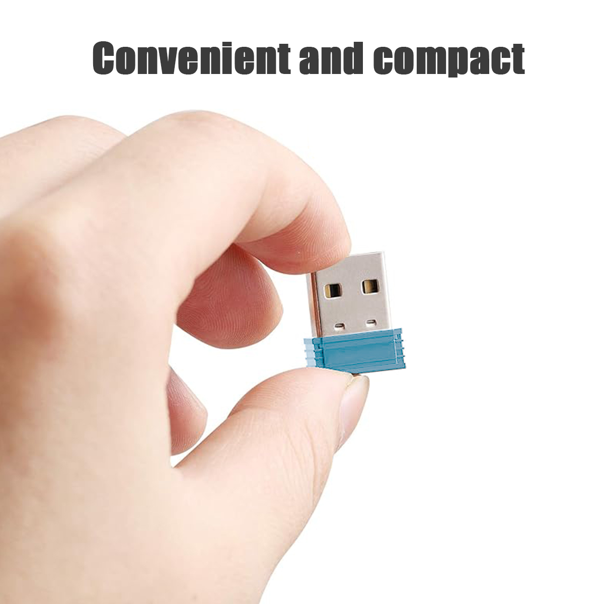 Eine Hand hält ein kleines USB-Gerät. Das Gerät ist silberfarben mit blauem Sockel. Text 'Bequem und kompakt' steht oben.