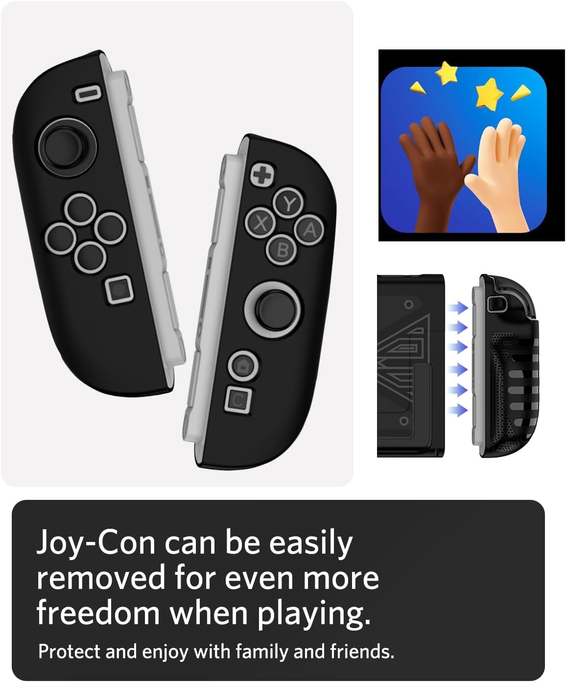 Schwarze Joy-Con-Controller mit Knöpfen, ein Spielsymbol mit Händen und Sternen sowie ein Textblock über die einfache Entfernung.