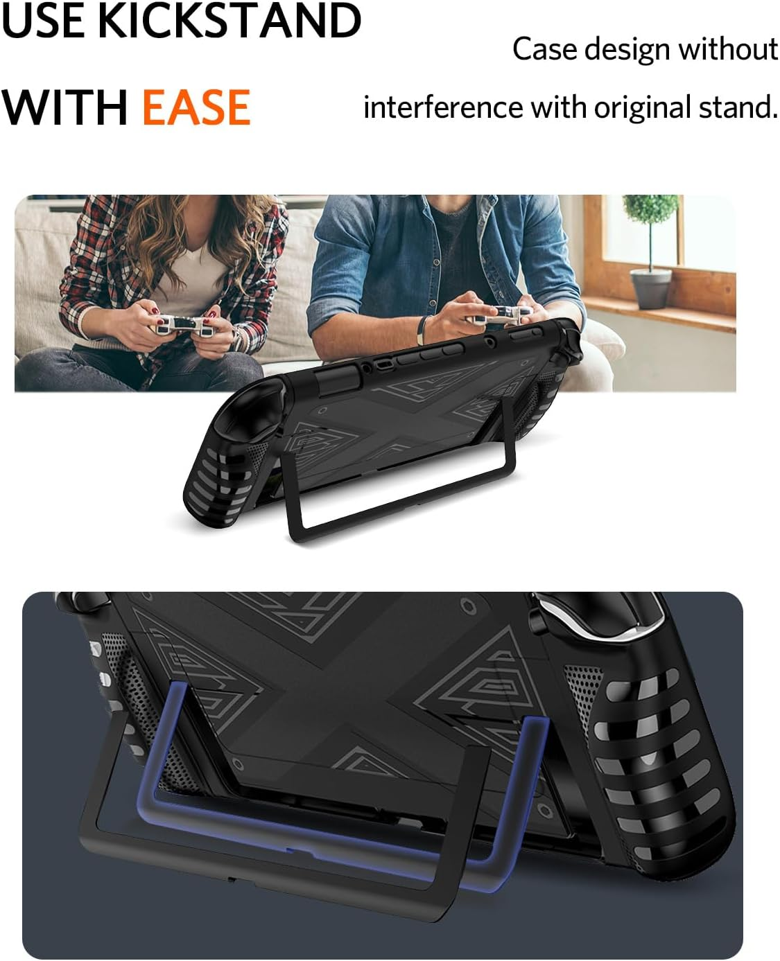 Gezeigt wird eine schwarze Spielekonsolenhülle mit Ständer. Im Hintergrund spielen zwei Personen mit Controllern ein Spiel.