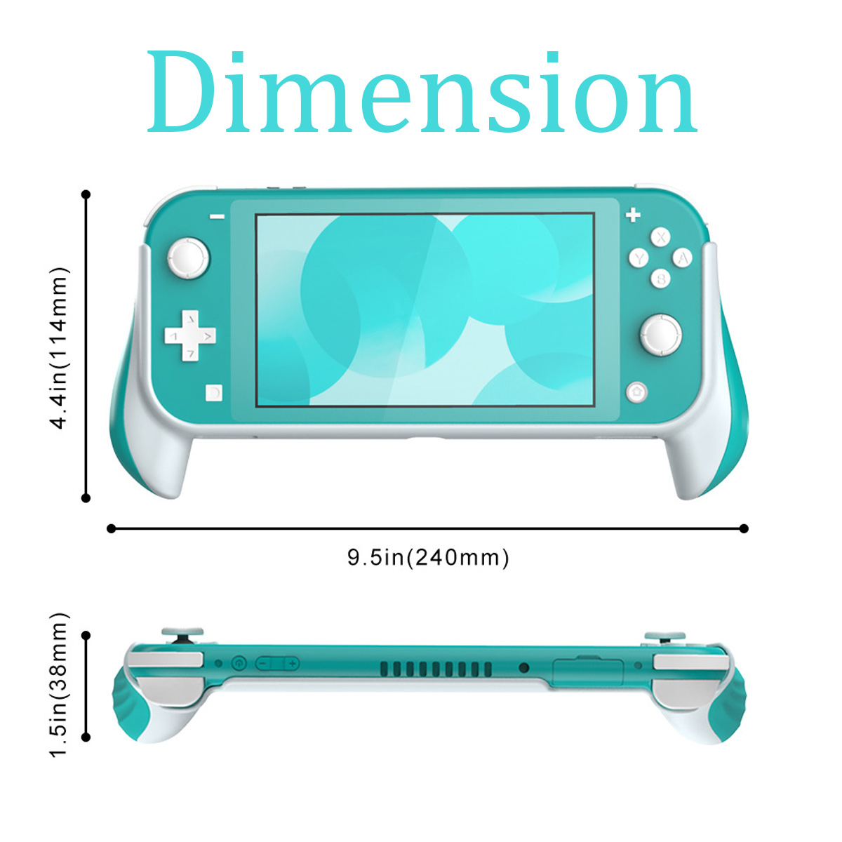 Eine türkisfarbene Handheld-Konsole mit weißen Akzenten. Abmessungen sind beschriftet: 4,4 Zoll, 9,5 Zoll und 1,5 Zoll. Das Wort Dimension steht oben.