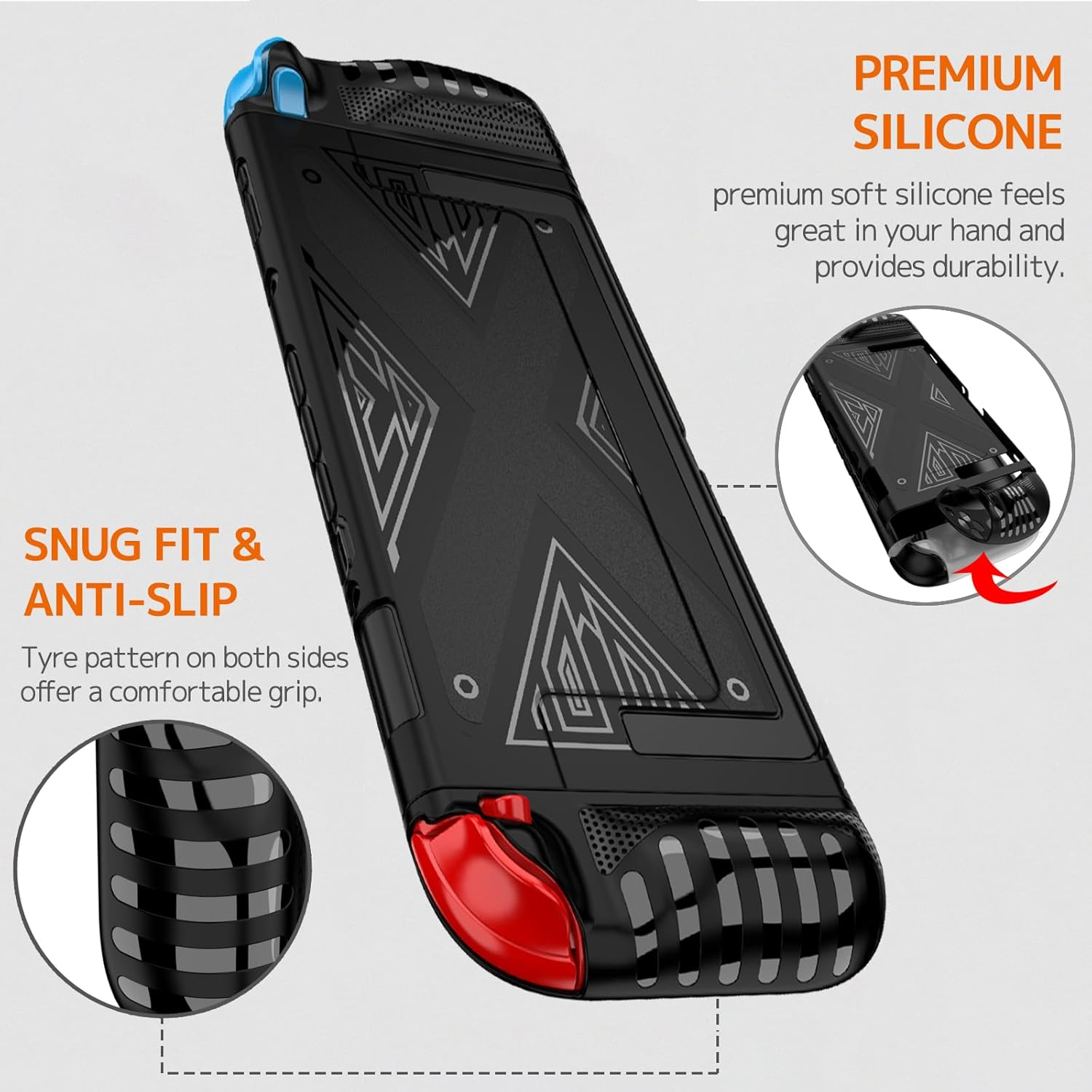 Schwarze und rote Handyhülle mit Reifenmuster. Text sagt 'Premium Silikon' und 'Snug Fit & Anti-Rutsch'.
