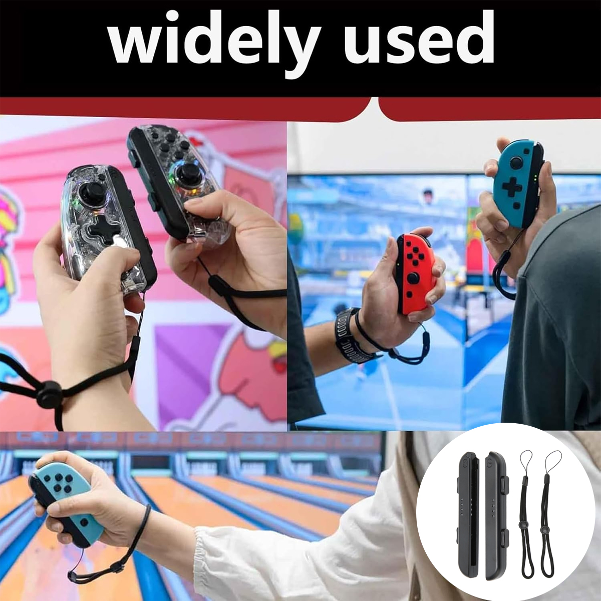 L'immagine mostra più mani che tengono vari controller di gioco. I colori includono trasparente, rosso e blu. Il testo sopra recita 'ampiamente utilizzato'.