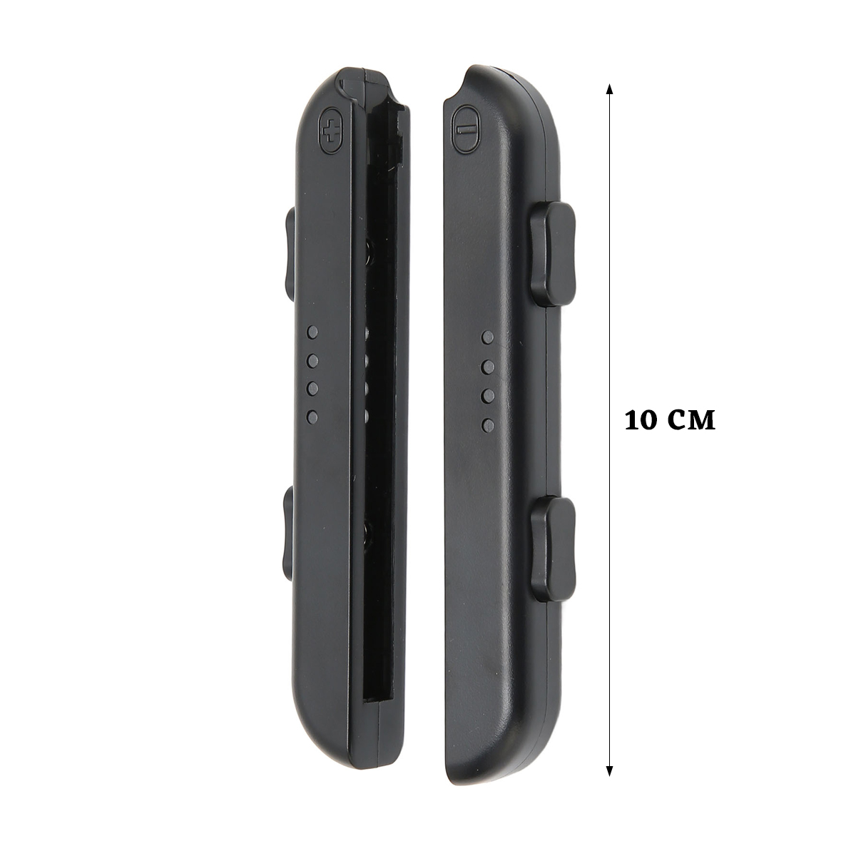 Due dispositivi neri e allungati, forse controller di gioco, sono posizionati verticalmente. Accanto a loro è indicata una misura di 10 cm.