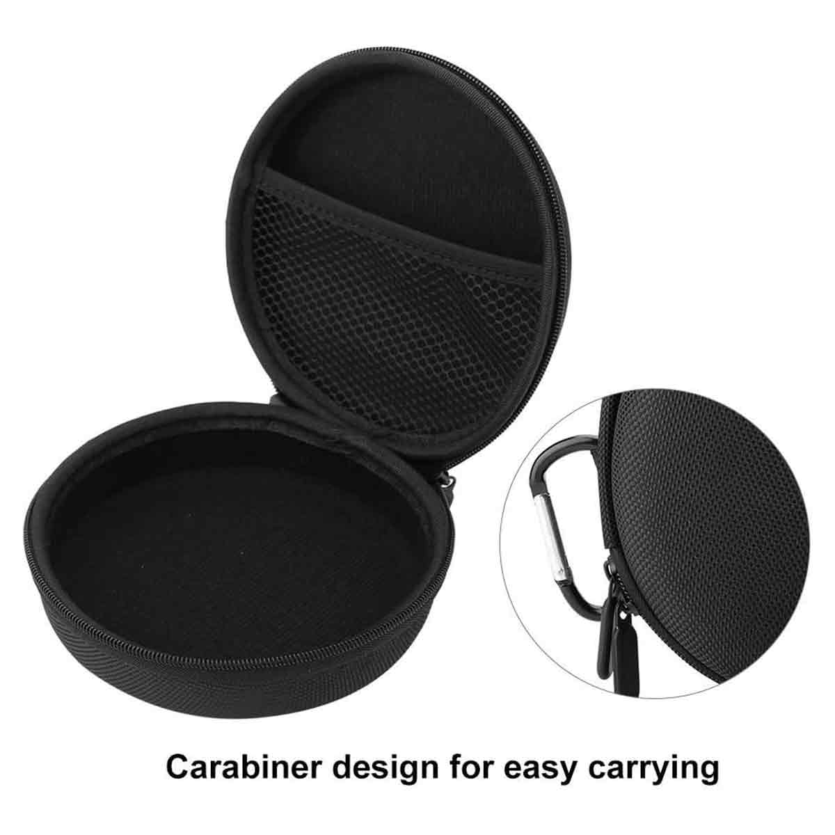 Offene schwarze Tragetasche mit Netztasche. Karabiner-Design für einfaches Tragen ist unten geschrieben.