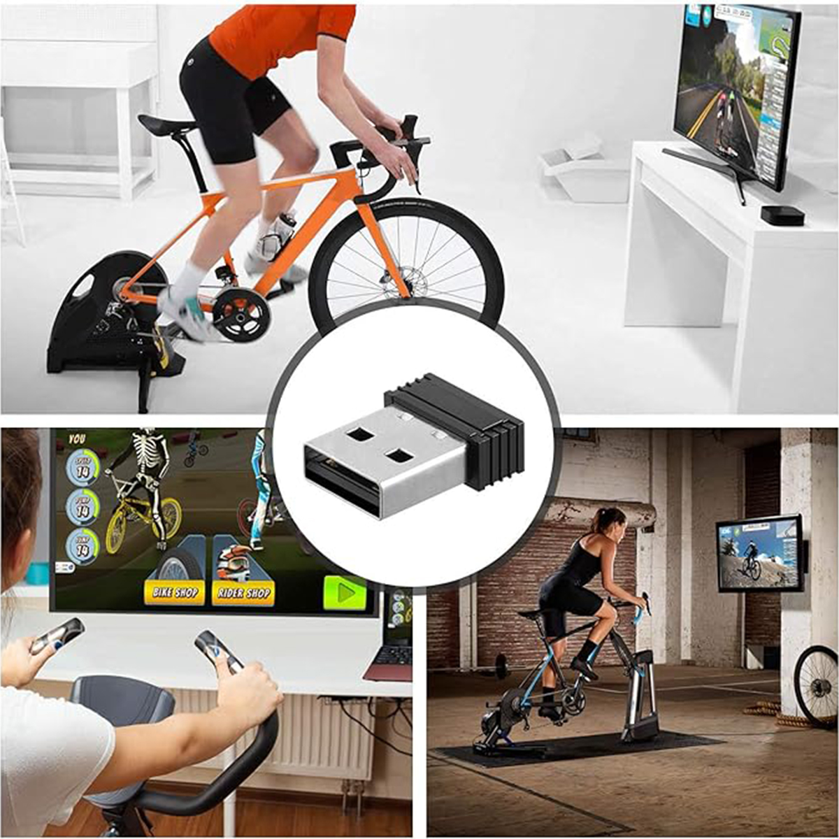 Menschen auf Heimtrainern, die Fernseher benutzen. Ein Bild zeigt einen USB-Stick. Szenen: Indoor-Cycling, Videospiel auf einem Bildschirm.