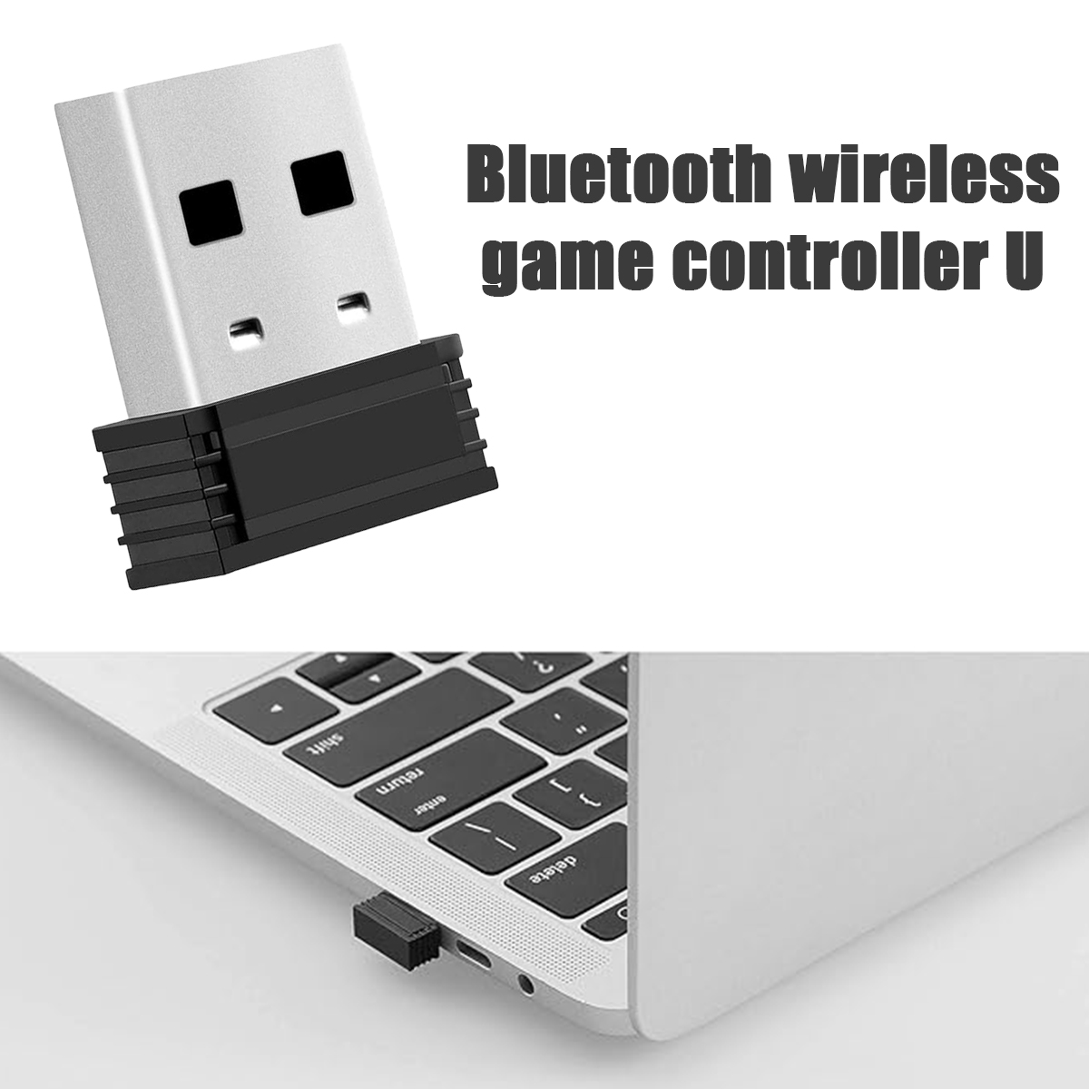 Ein Bluetooth-Wireless-Gamecontroller U mit einem USB-Empfänger, der an einen Laptop angeschlossen ist. Der Empfänger ist schwarz und der Laptop ist silber.