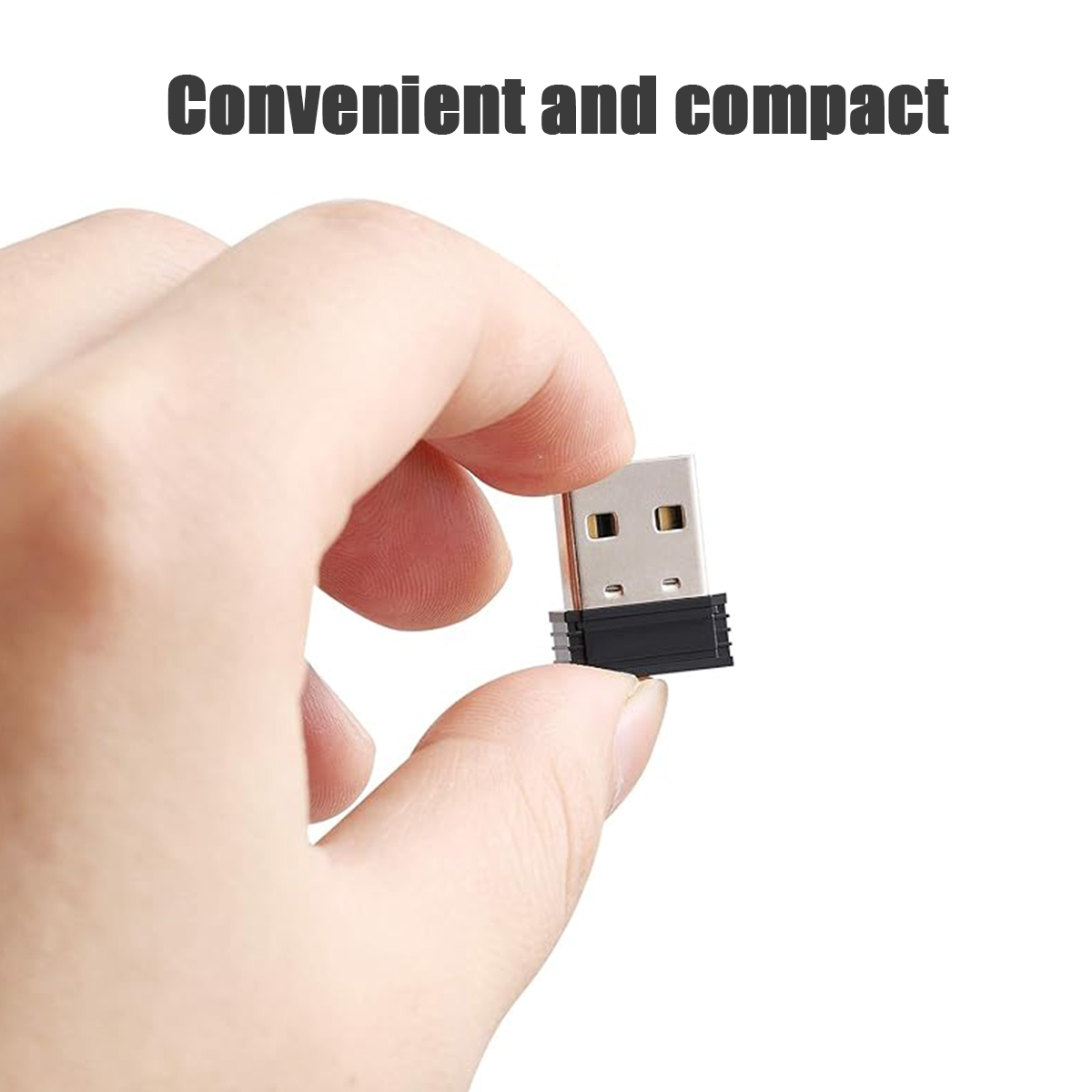 Eine Hand hält einen kleinen schwarzen und silbernen USB-Adapter. Der Text oben lautet 'Bequem und kompakt' auf weißem Hintergrund.