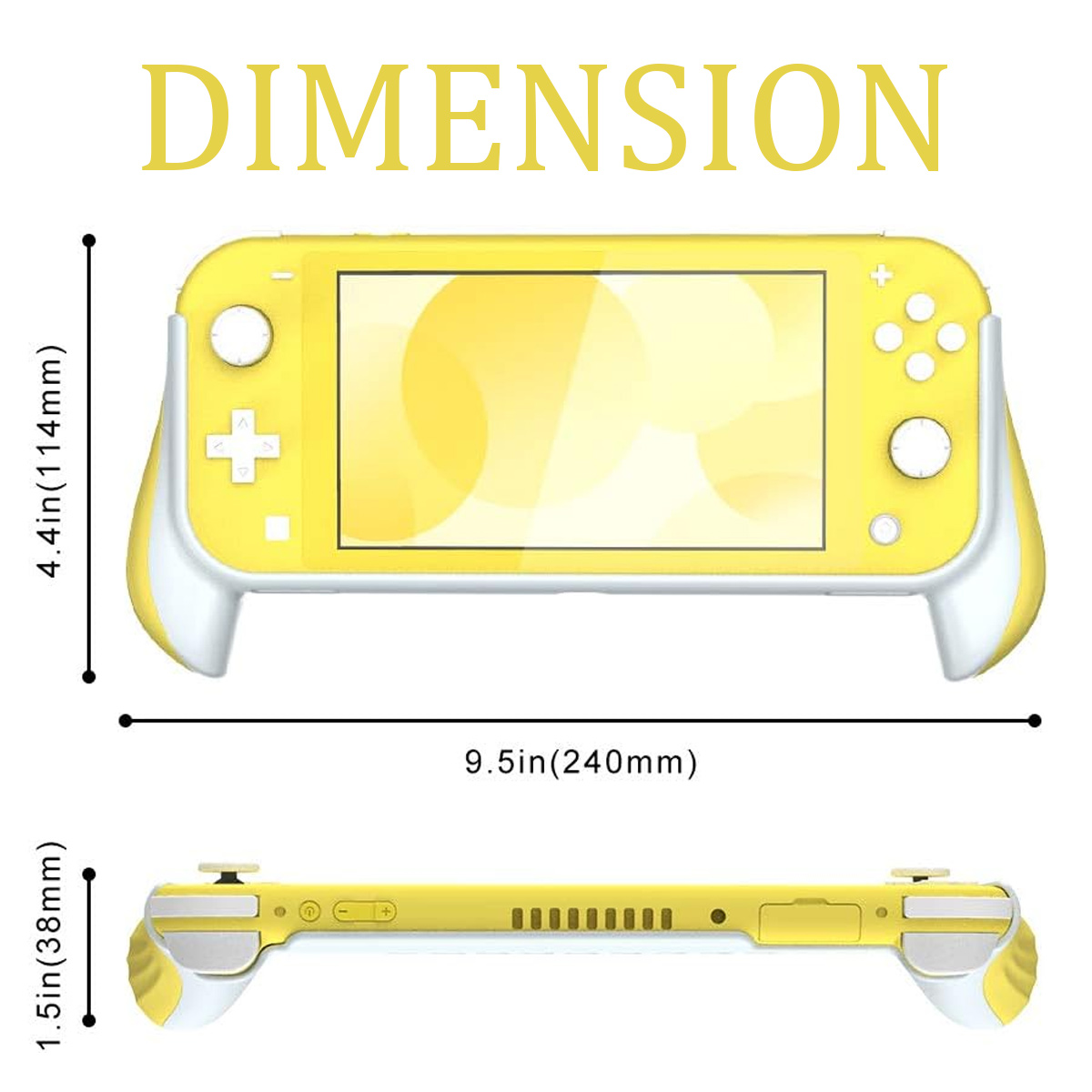 Gelbe Spielkonsole mit weißen Griffen. Abmessungen: 4,4 Zoll x 9,5 Zoll x 1,5 Zoll. Text 'DIMENSION' oben.
