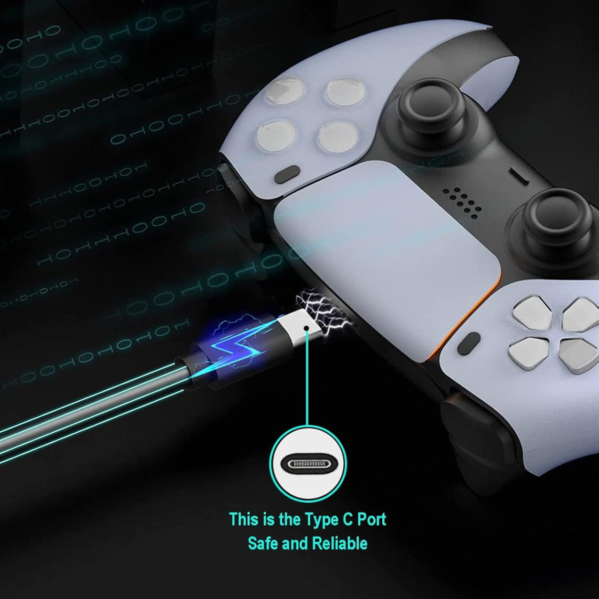 Ein weiß-schwarzer Game-Controller wird mit einem Ladekabel gezeigt. Ein Diagramm hebt den Typ-C-Anschluss hervor.