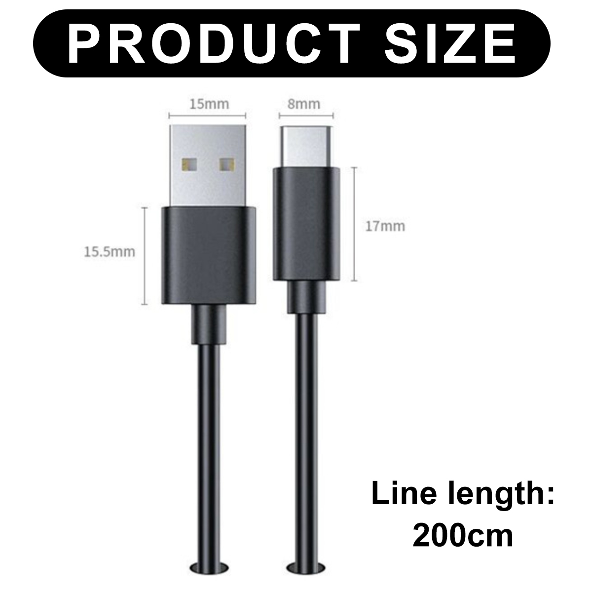 Das Bild zeigt ein USB-Kabel mit Maßangaben. Das Kabel ist schwarz. Der Text oben lautet 'PRODUCT SIZE'. Leitungslänge: 200 cm.