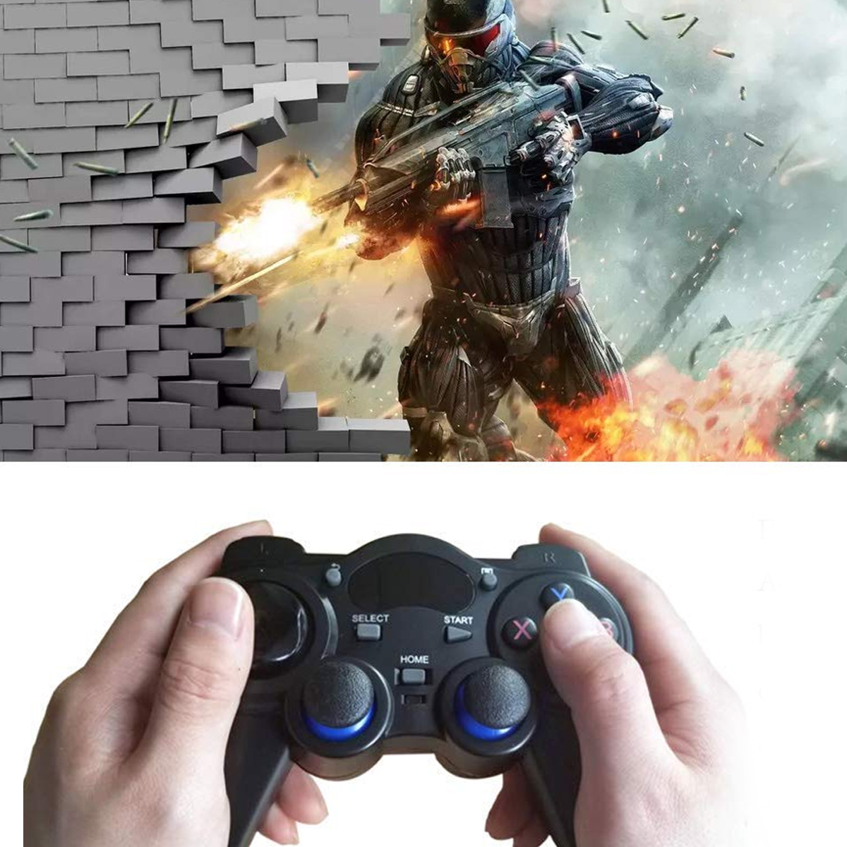 Ein Soldat in Rüstung schießt mit einer Waffe und durchbricht eine Ziegelmauer. Eine Person hält einen schwarzen Spielcontroller mit blauen Akzenten.
