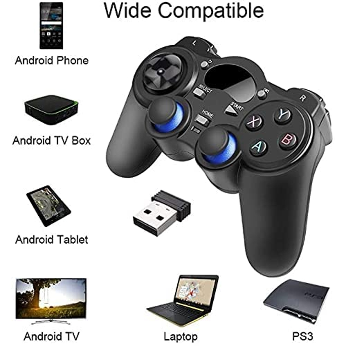 Schwarzer Gamecontroller mit blauen Akzenten, kompatibel mit Android-Geräten, Laptops und PS3. Inklusive USB-Adapter.