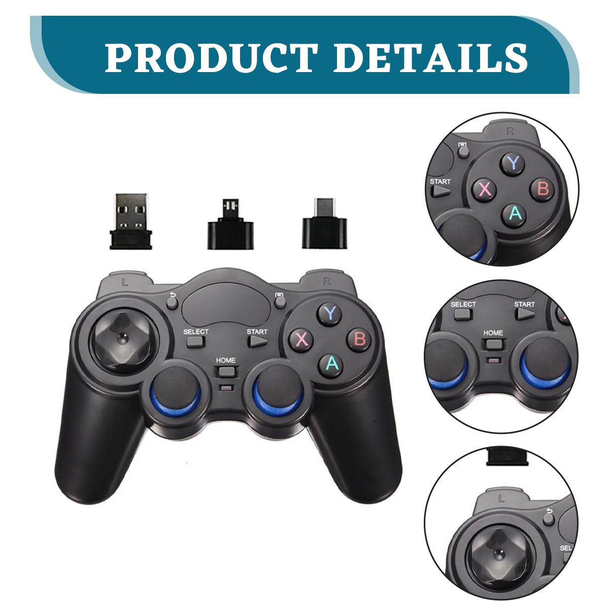 Schwarzer Gamecontroller mit USB-Adaptern. Details umfassen Knöpfe, Joysticks und die Wörter 'SELECT', 'START' und 'HOME'.