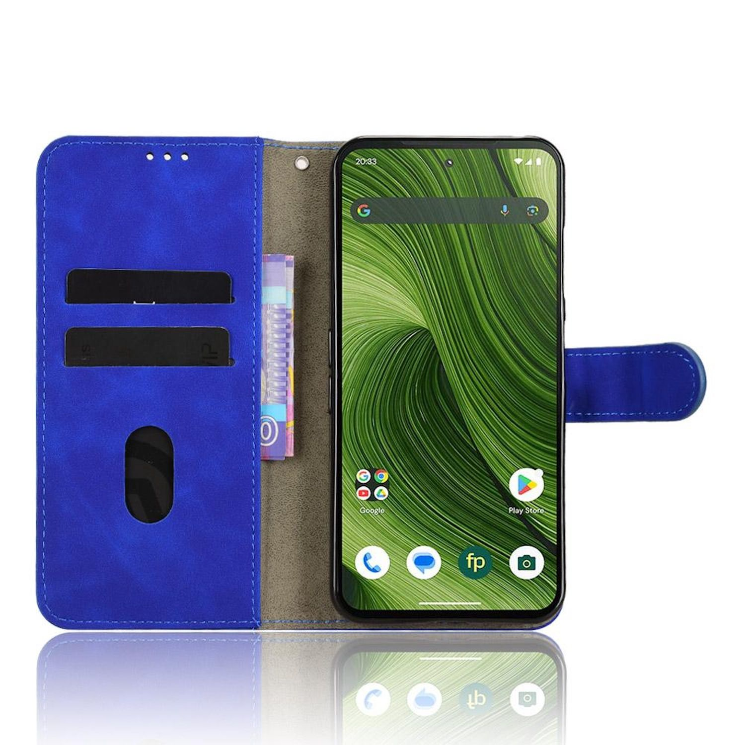 Ein Smartphone in einer blauen Brieftasche. Der Bildschirm zeigt ein grünes Wellenmuster. Das Etui hat Kartenfächer und einen Magnetverschluss.