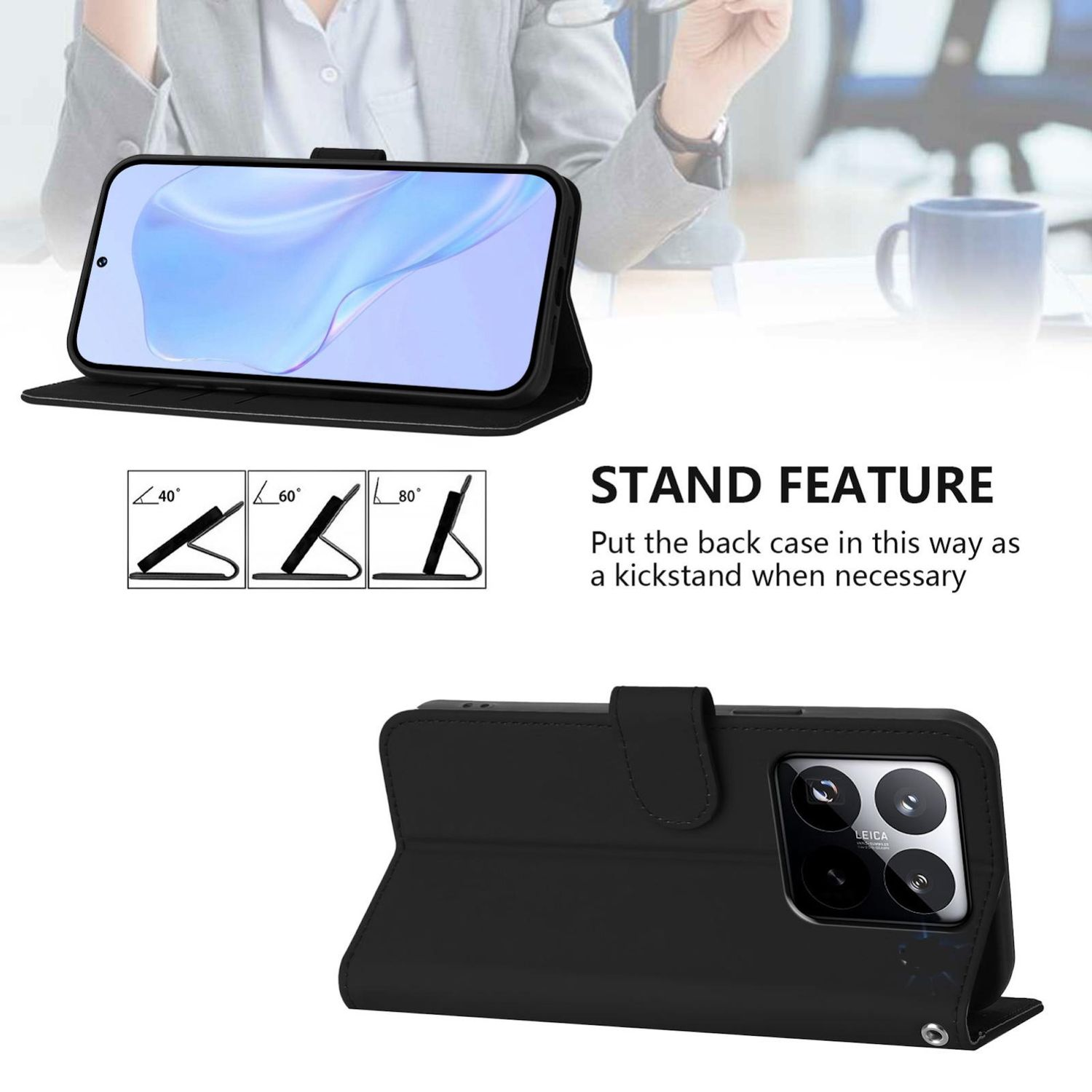 Funda de teléfono negra con función de soporte. Se puede usar como soporte. La funda tiene un logotipo de cámara Leica.