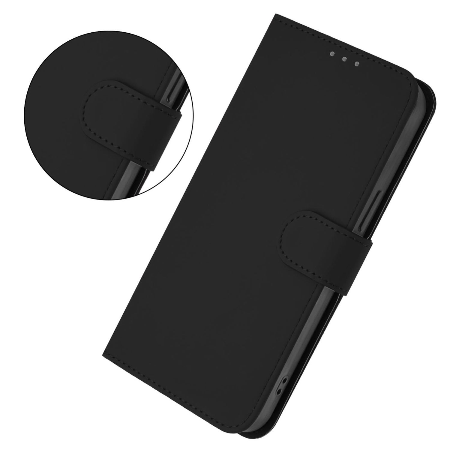 Una funda de teléfono negra está abierta. Tiene un cierre magnético, un borde cosido y tres pequeños agujeros en la parte superior. El fondo es blanco.