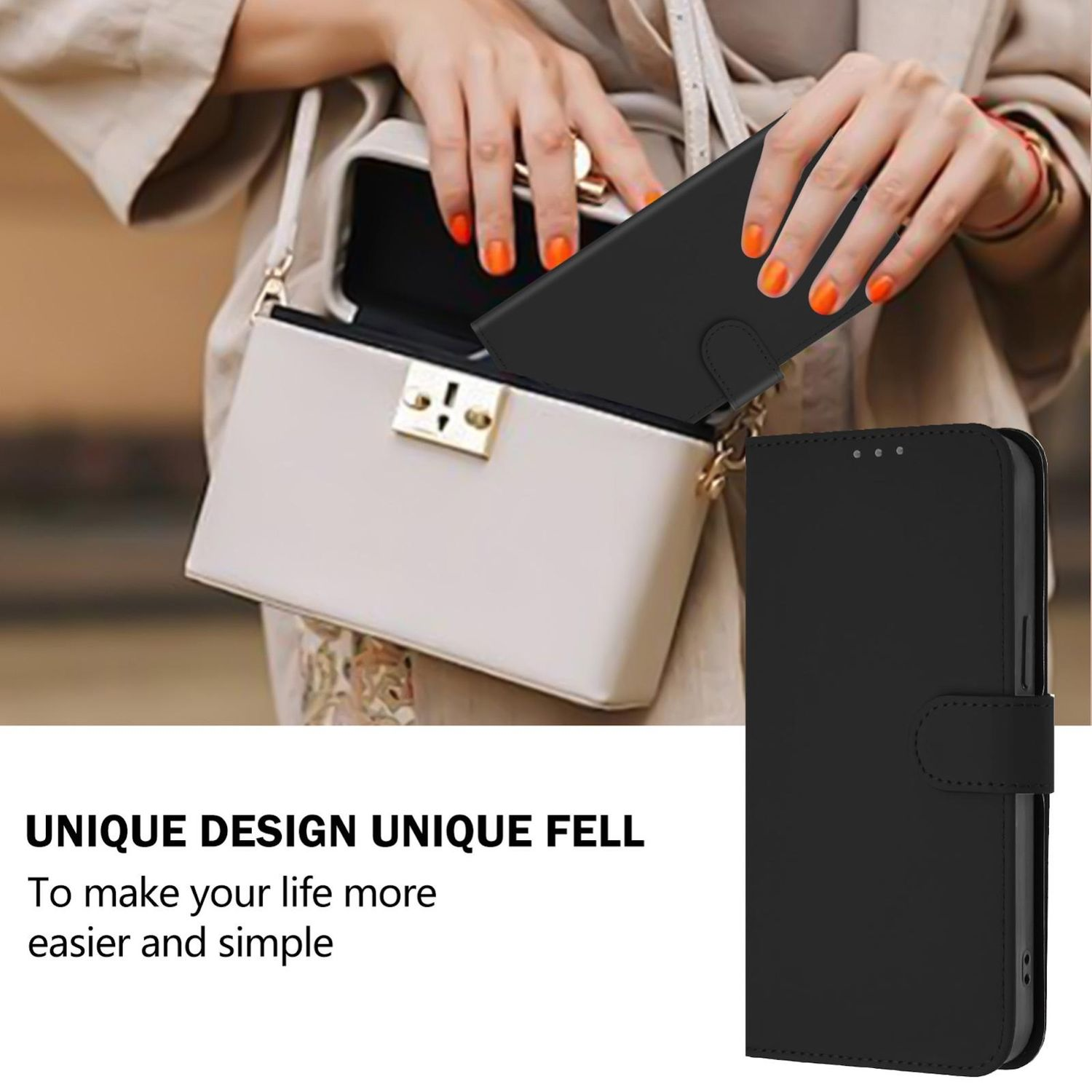 Una persona sostiene una funda negra para teléfono junto a un bolso blanco. La persona tiene esmalte de uñas naranja. Texto: Diseño único.