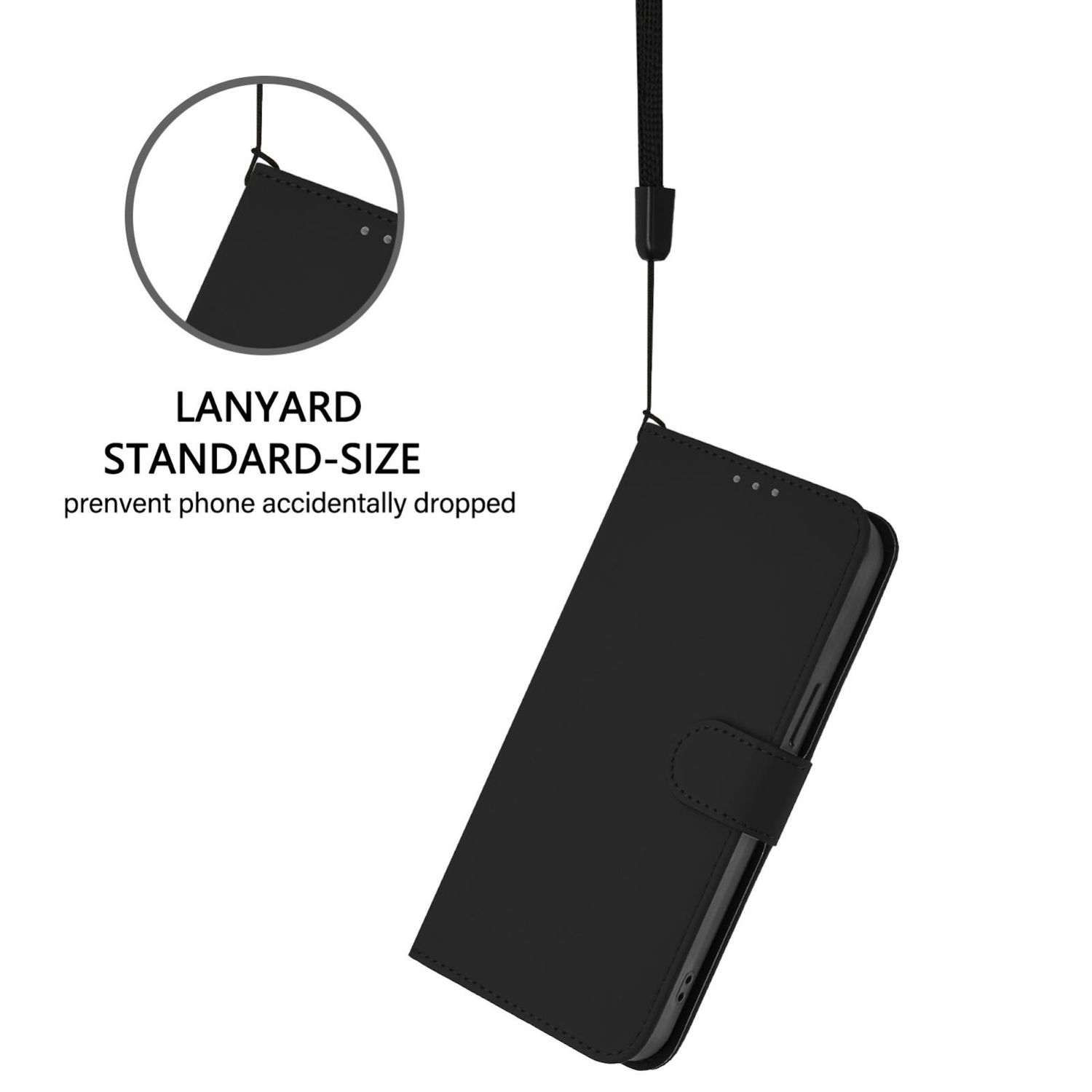 Funda de teléfono negra con cordón negro. Texto: Lanyard Tamaño estándar, evita que el teléfono se caiga accidentalmente.