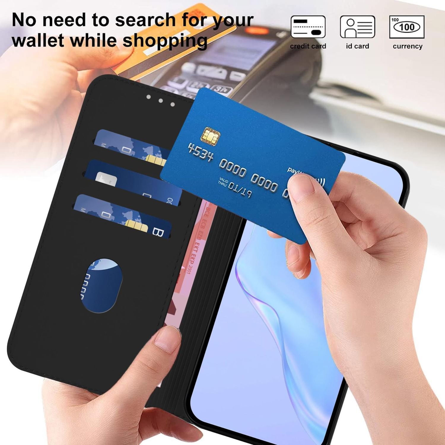 Una mano sostiene una tarjeta de crédito azul cerca de un teléfono dentro de una funda negra. Se ven tarjetas y dinero.