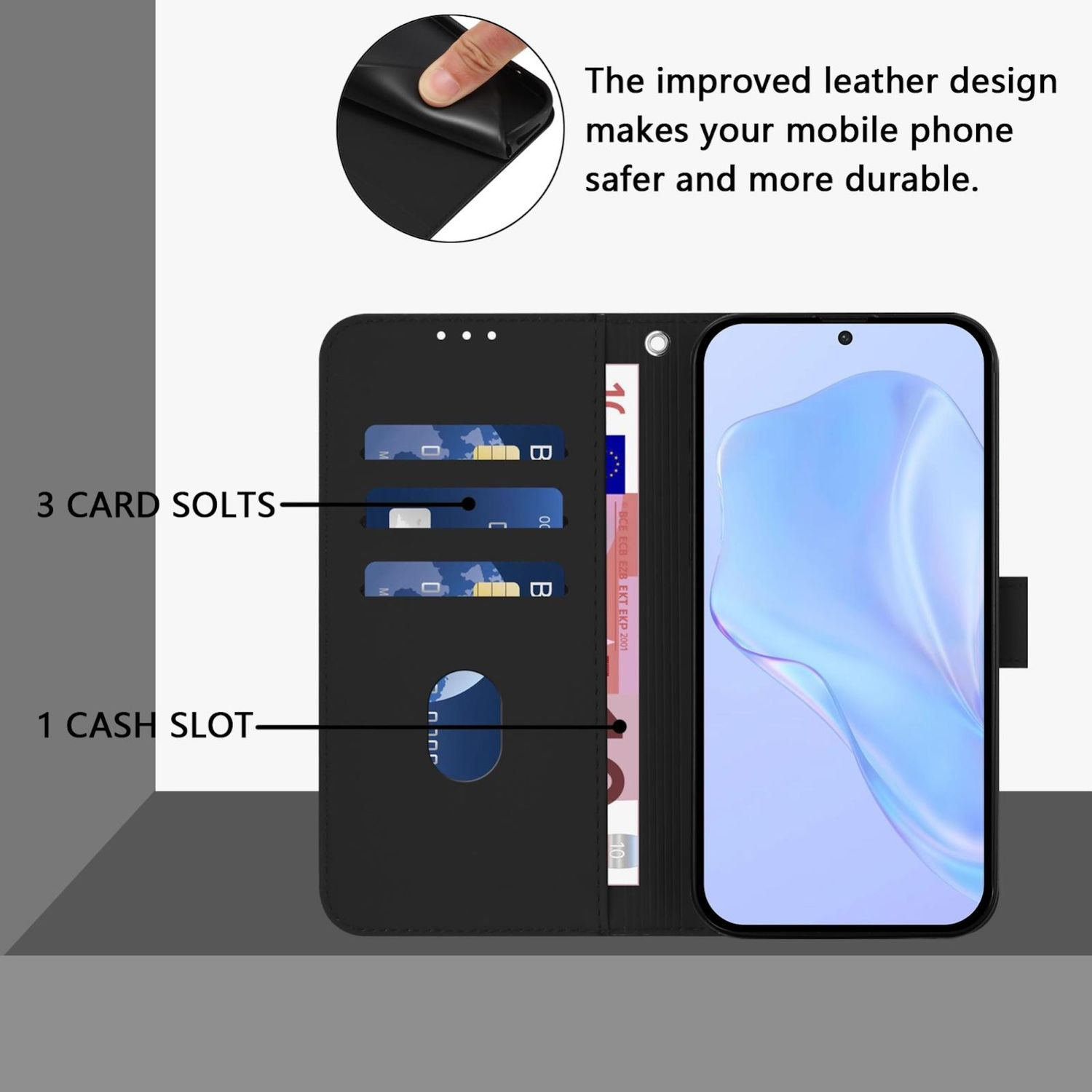 Funda de teléfono negra con ranuras para tarjetas y efectivo. Visible un teléfono. Texto: El diseño de cuero mejorado hace que tu móvil sea más seguro.