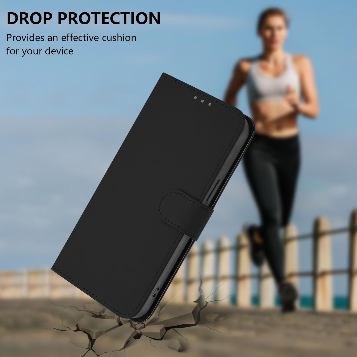 Funda de teléfono negra con una mujer corriendo en el fondo. La funda está en ángulo, con suelo agrietado debajo. Cielo en el fondo.