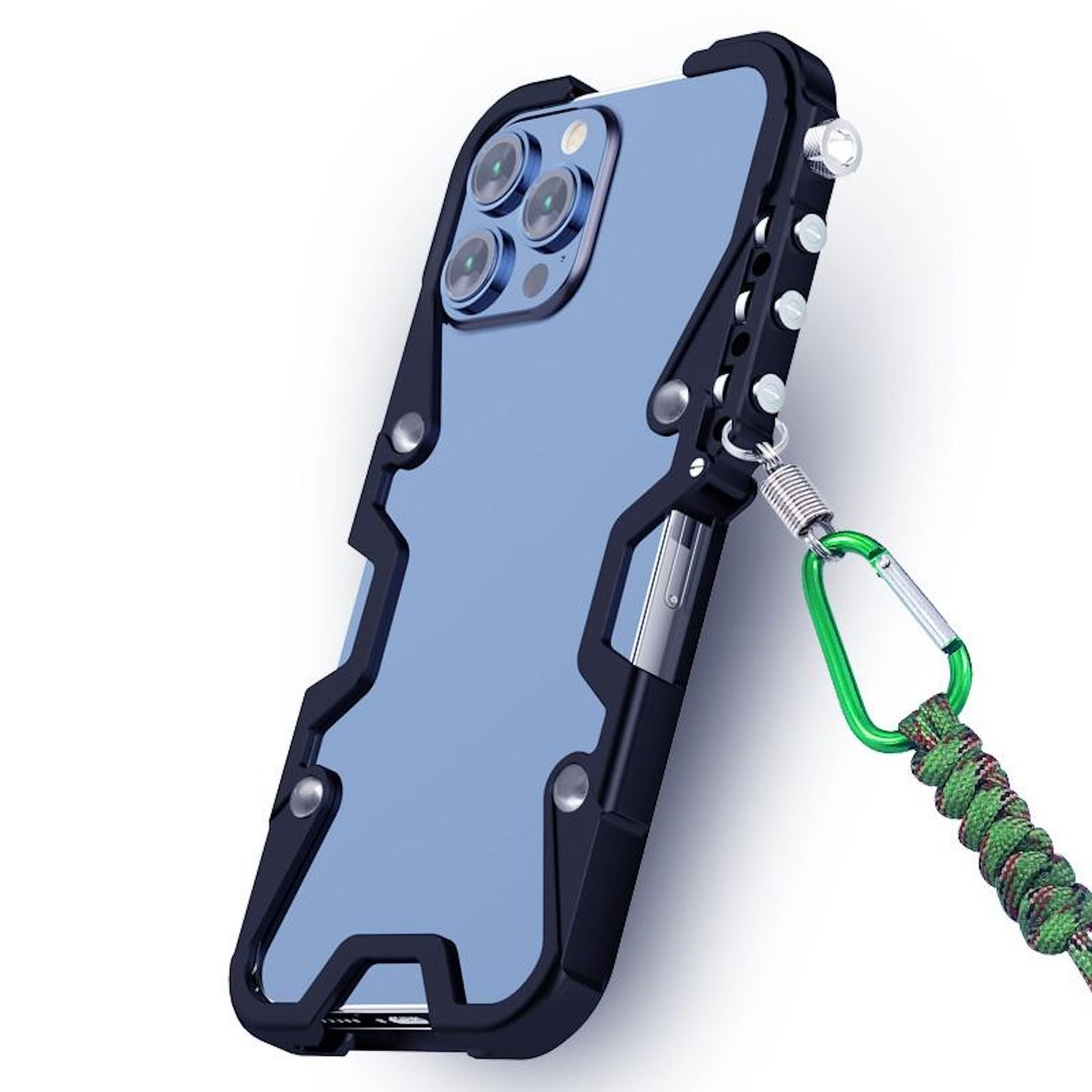 Un teléfono en una funda negra con un cordón. La funda tiene la parte trasera azul. El cordón es verde y tiene un clip plateado.