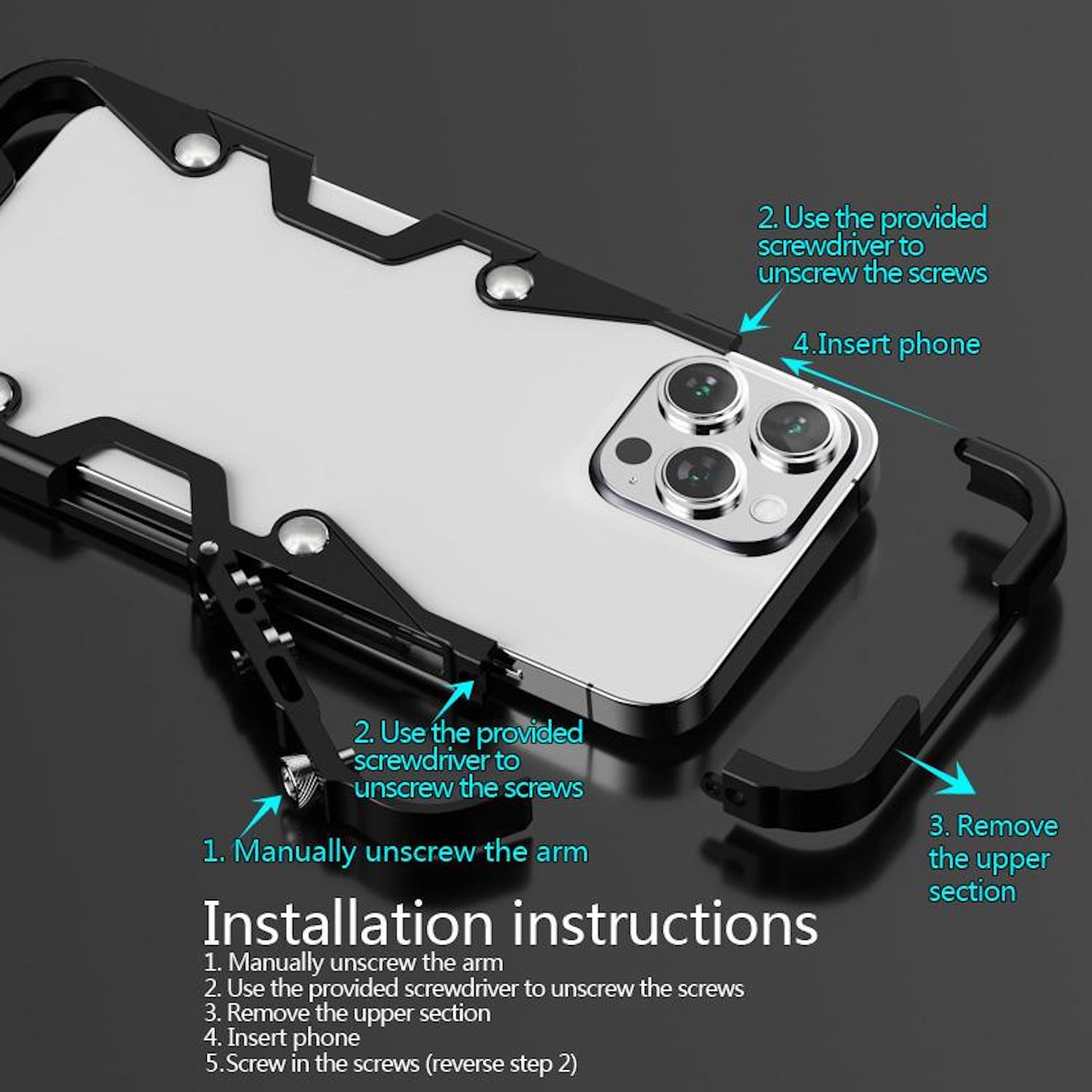 Guía de instalación de la funda del teléfono. Un teléfono con cámara está en el centro de una funda negra con instrucciones, flechas y textos.
