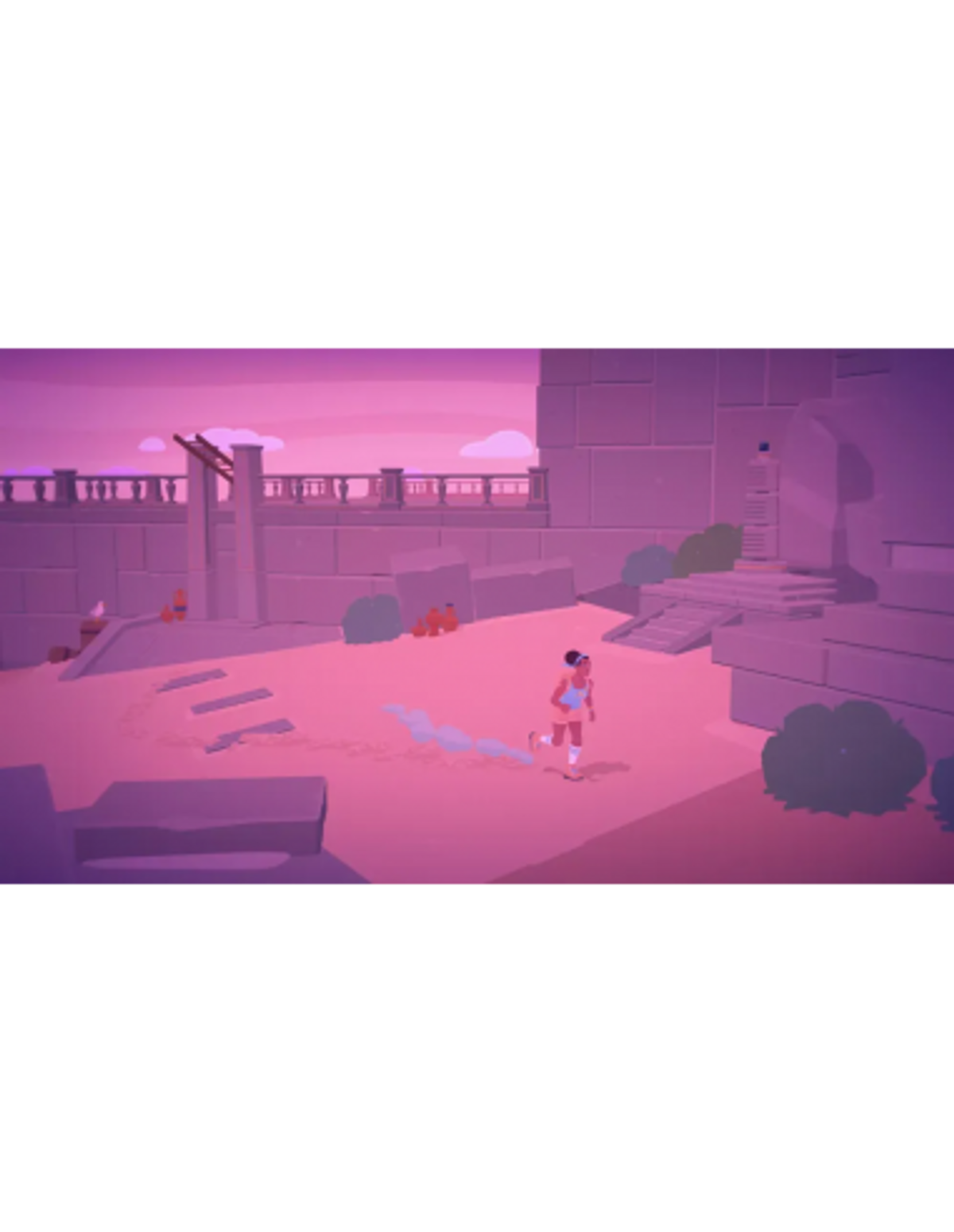 Una persona corre por una ciudad de tonos rosados. Edificios y estructuras la rodean. El cielo también es rosa. Estilo low-poly.