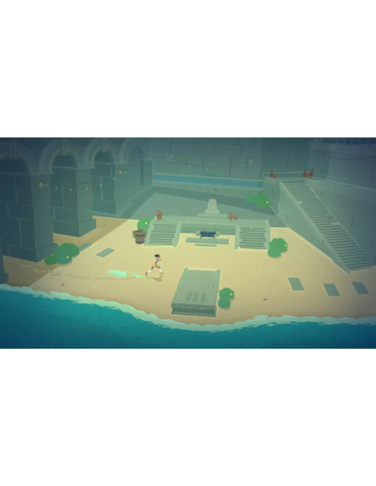 Una persona corre su una spiaggia verso una struttura. La scena è in stile low-poly con archi e scale sullo sfondo.