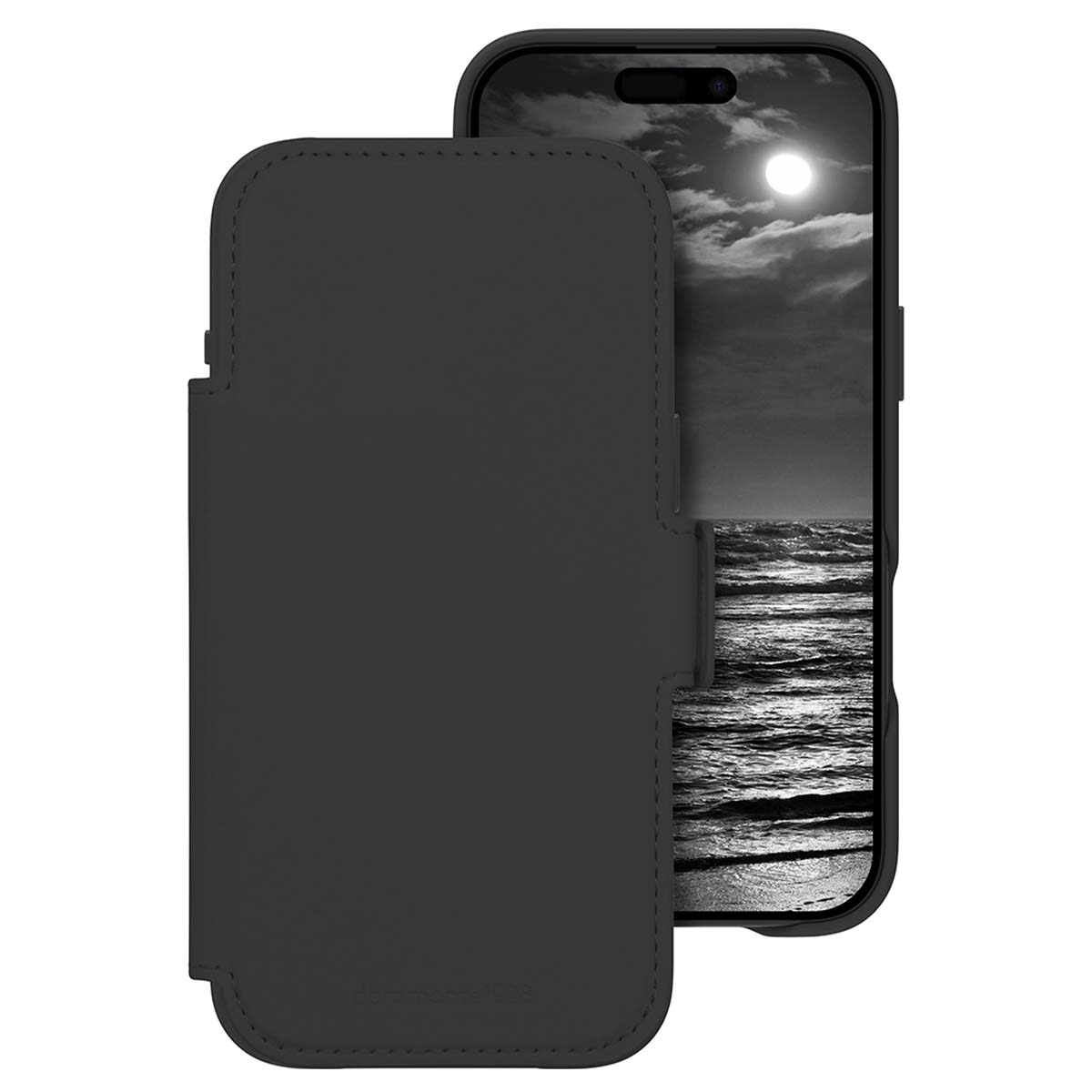Una custodia nera per telefono con un telefono che mostra un'immagine in bianco e nero del mare sotto la luna piena.