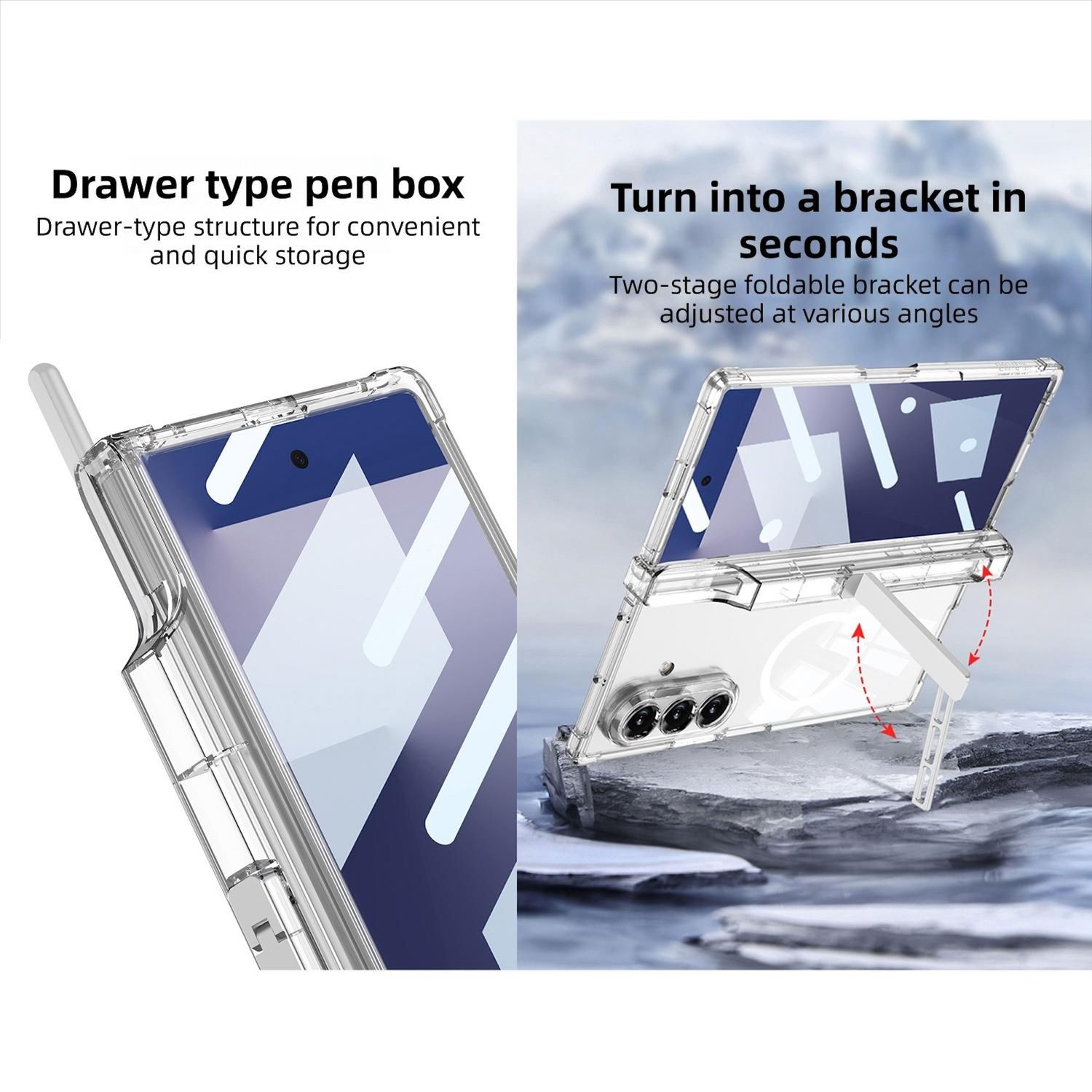 Transparente Handyhülle. Links eine Stifthalterung, rechts das Handy als Halterung mit klappbarem Ständer auf Stein.