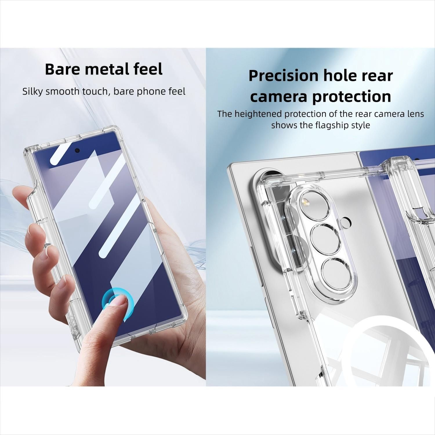 Eine transparente Handyhülle wird gezeigt, die Funktionen wie Kameraschutz und ein nacktes Metallgefühl hervorhebt.