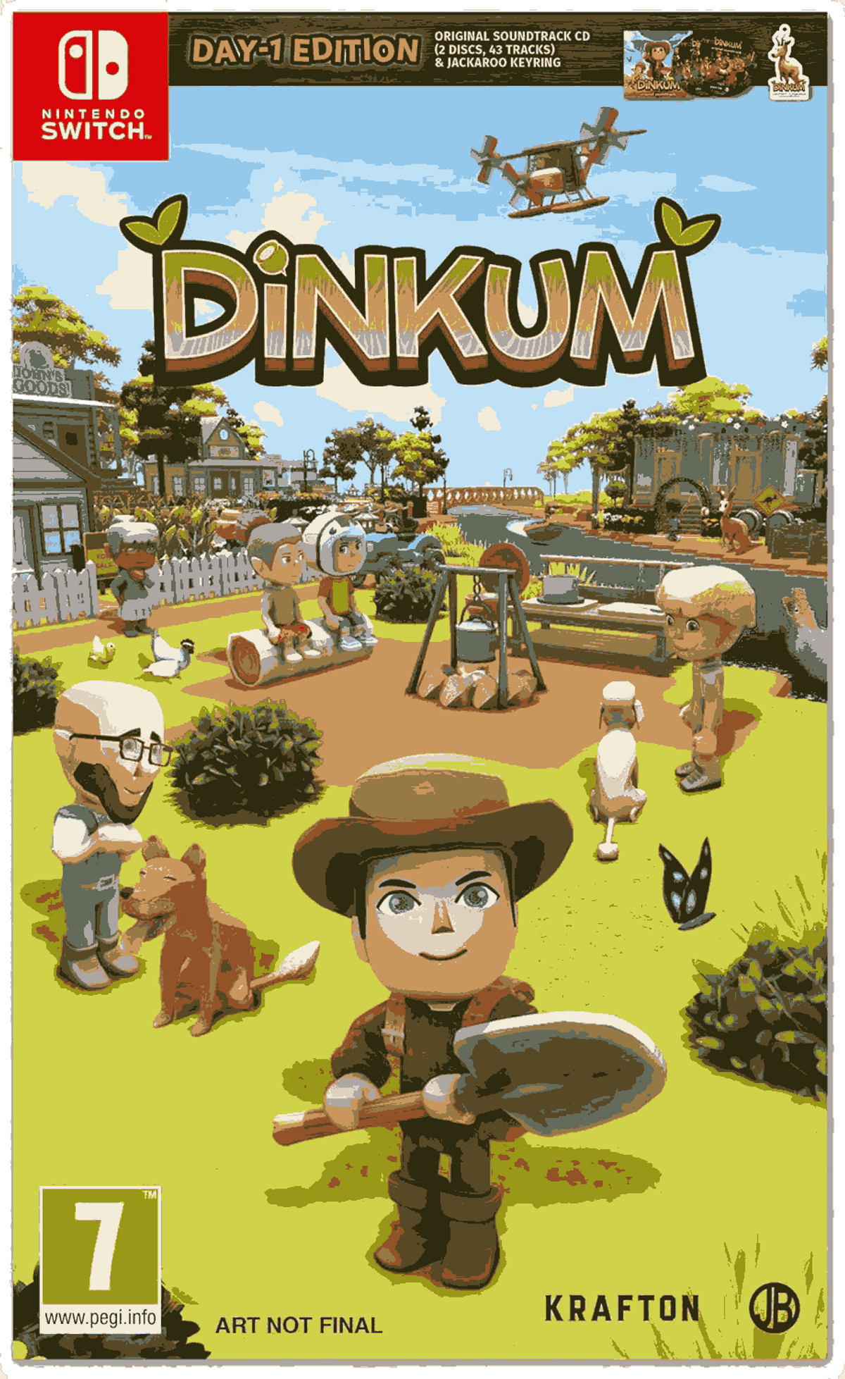 Portada del juego Dinkum. Los personajes son de estilo caricaturesco, en un entorno de granja. Incluye un helicóptero, edificios y una pala.