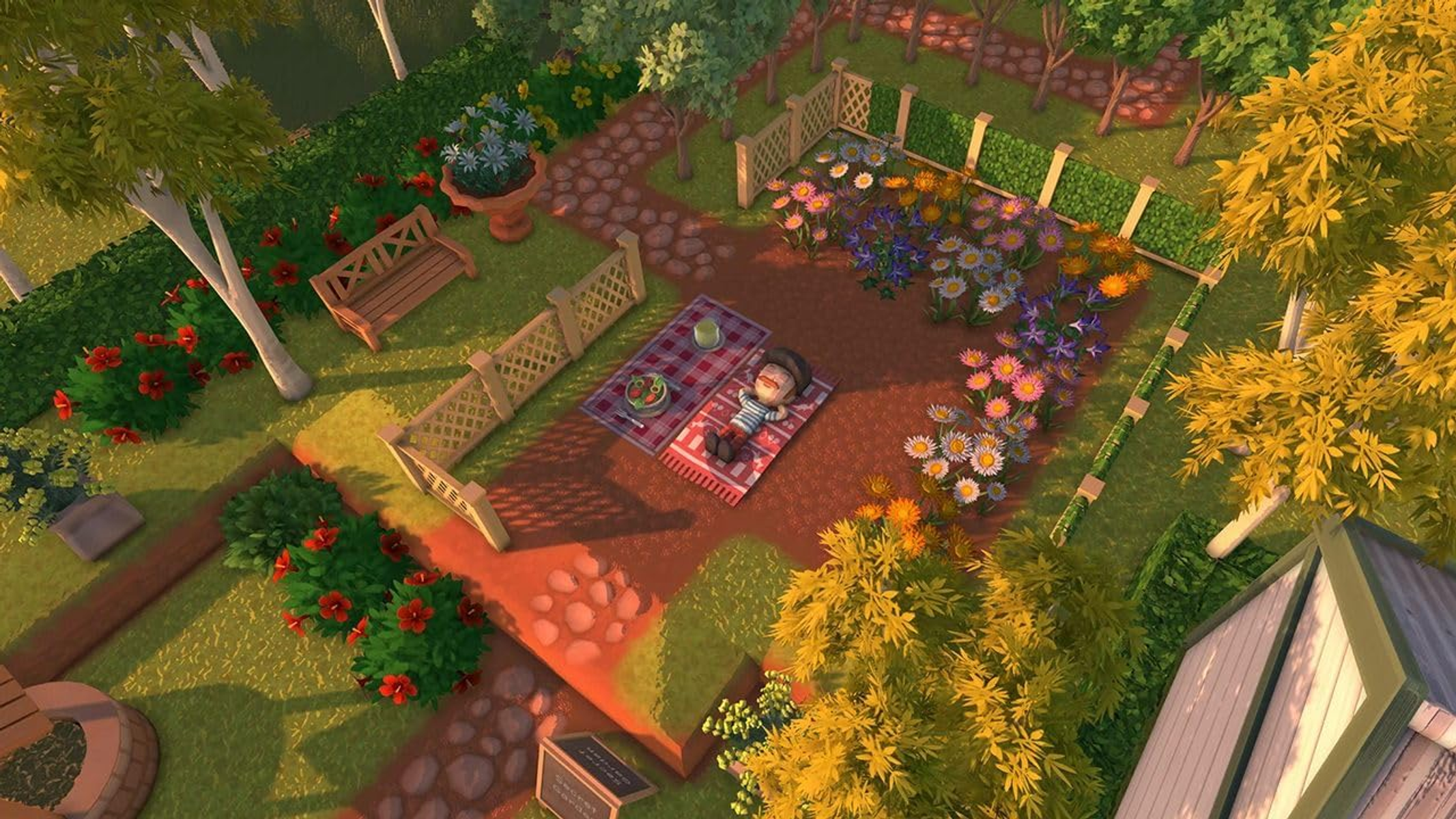 Una persona se relaja en una manta de picnic en un jardín. Flores y árboles los rodean, con un picnic cerca.